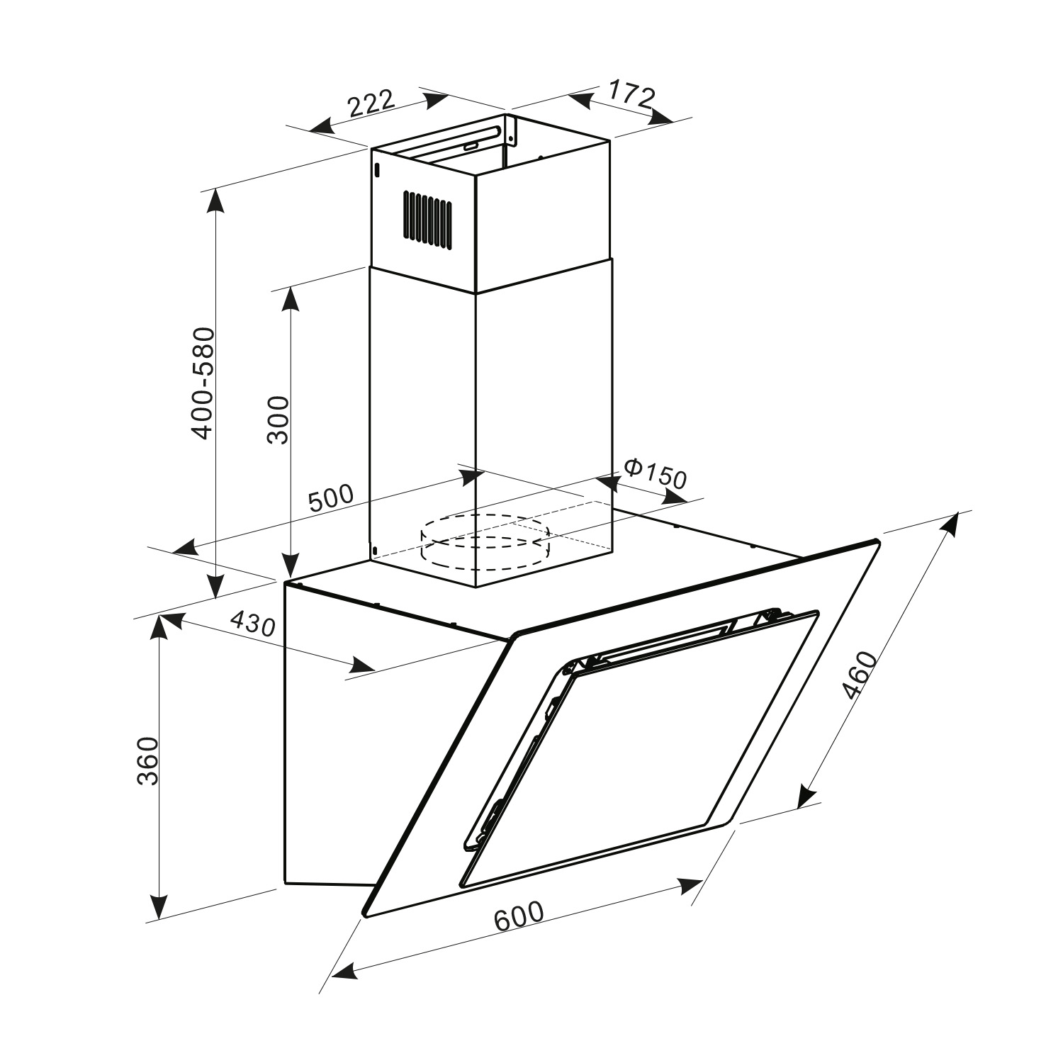 Diagramma di una cappa con dimensioni. Include altezza, larghezza e profondità.