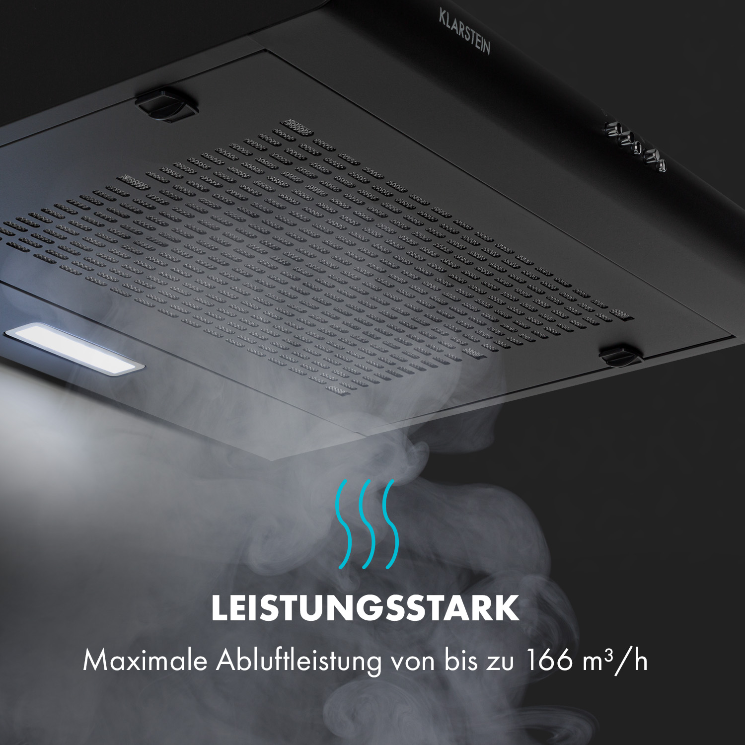 Campana extractora negra con humo. El texto dice 'potente' y '166 m3/h'.