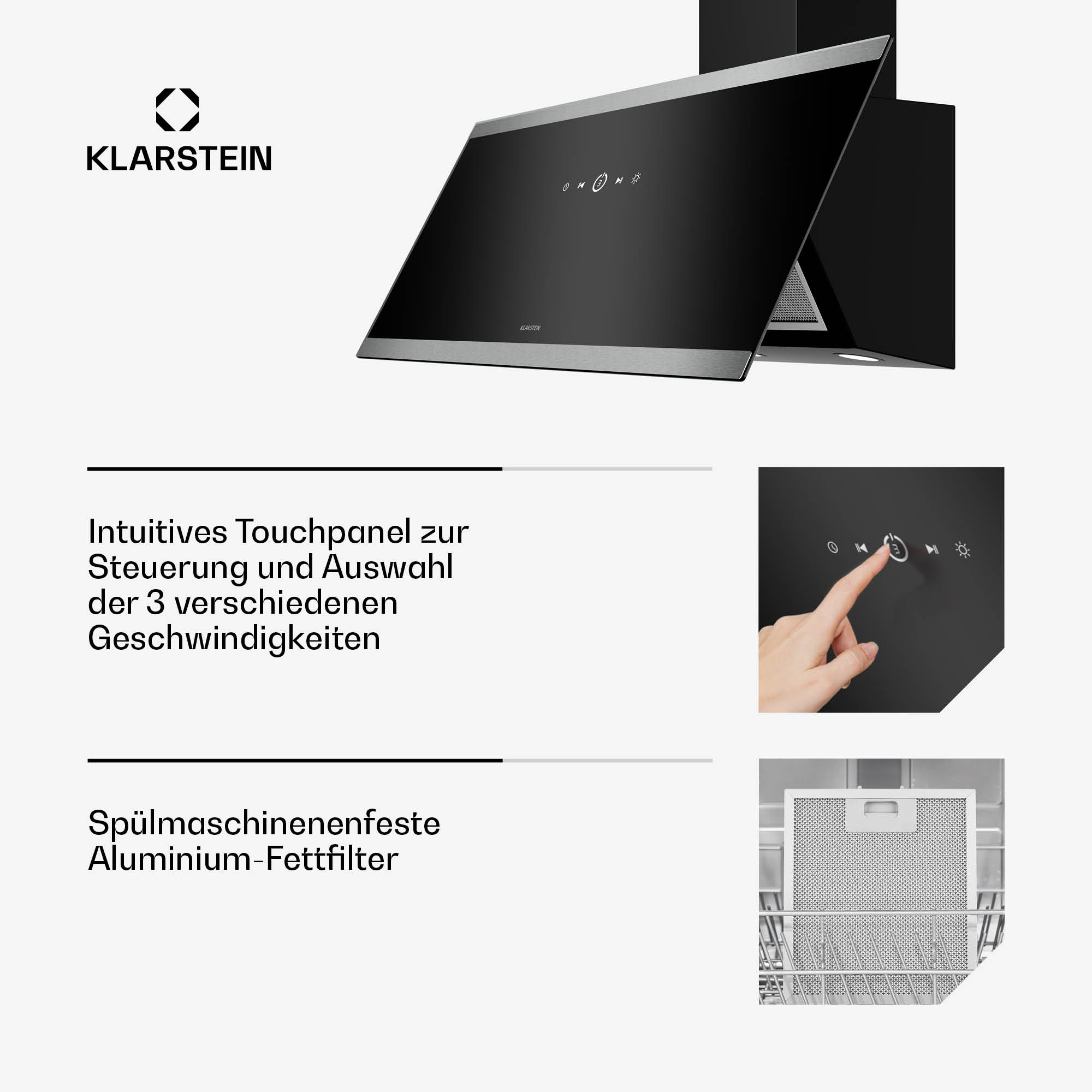 Cappa nera con comandi touch panel. Include una mano che interagisce con i comandi.