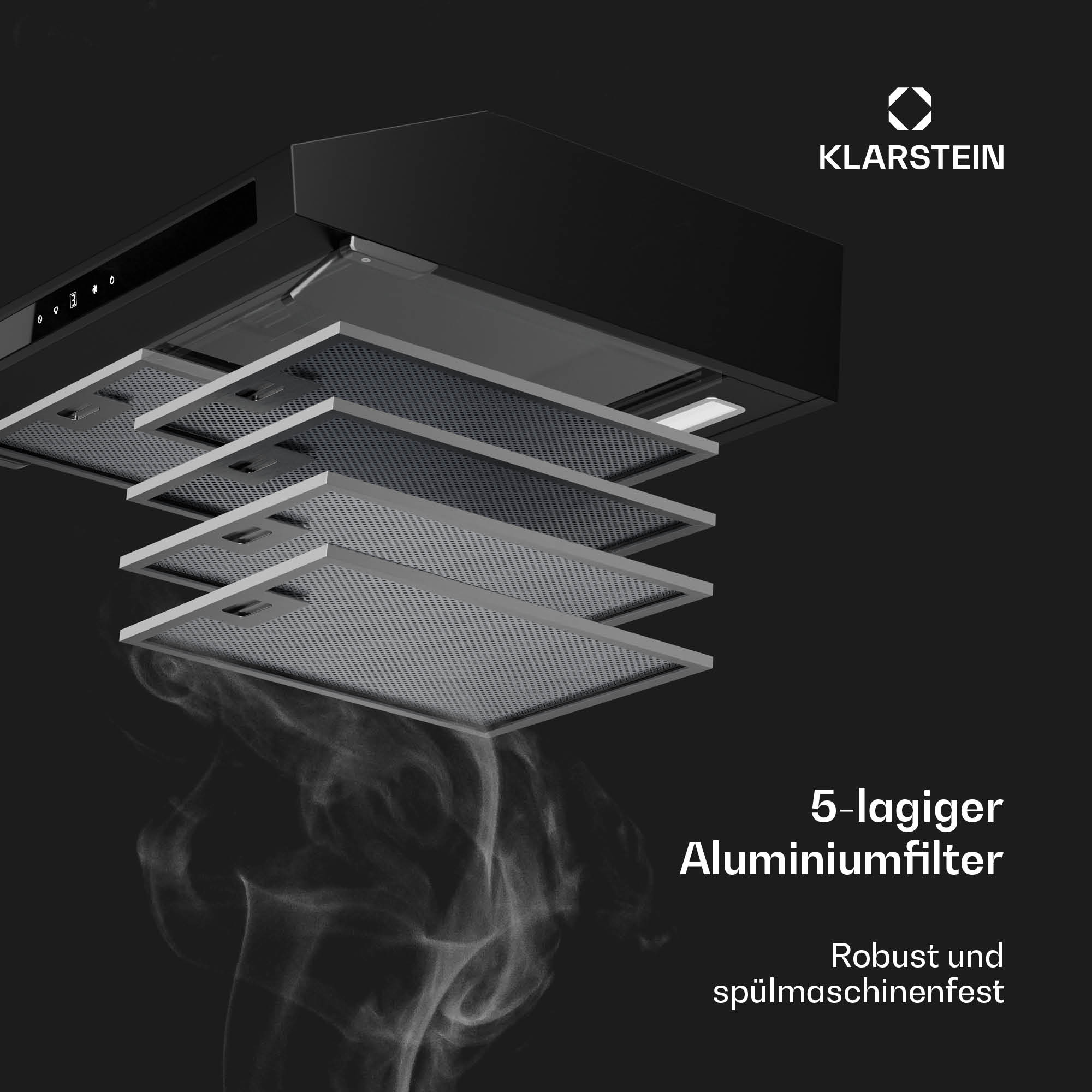 Cappa nera con filtro in alluminio a cinque strati. Il testo dice che il filtro è robusto.