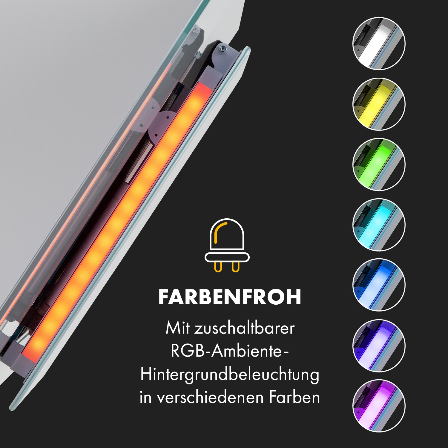 Primo piano dell'illuminazione ambientale RGB colorata su una cappa con diverse opzioni di colore.