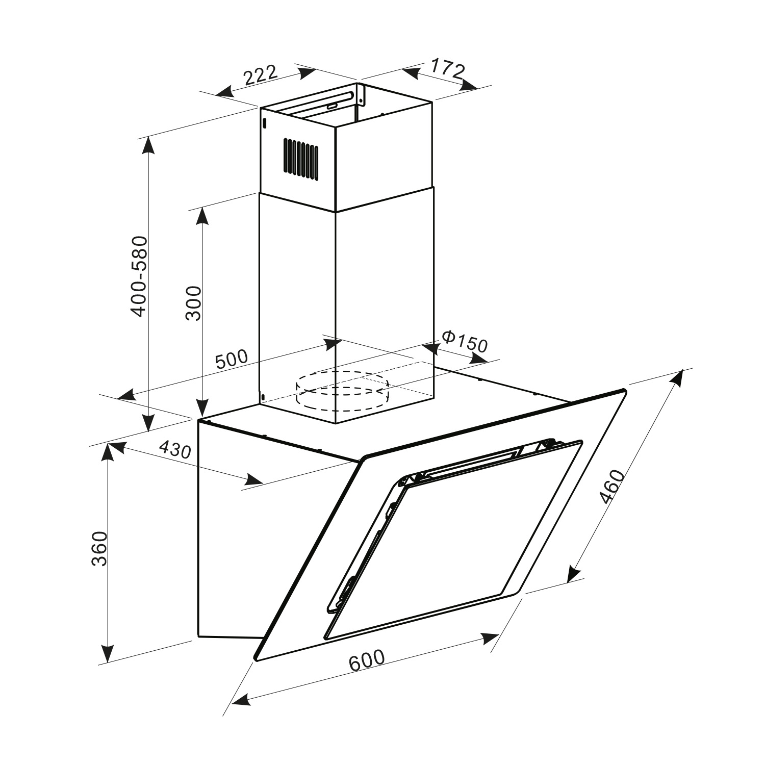 Disegno tecnico di una cappa aspirante con dimensioni in millimetri.