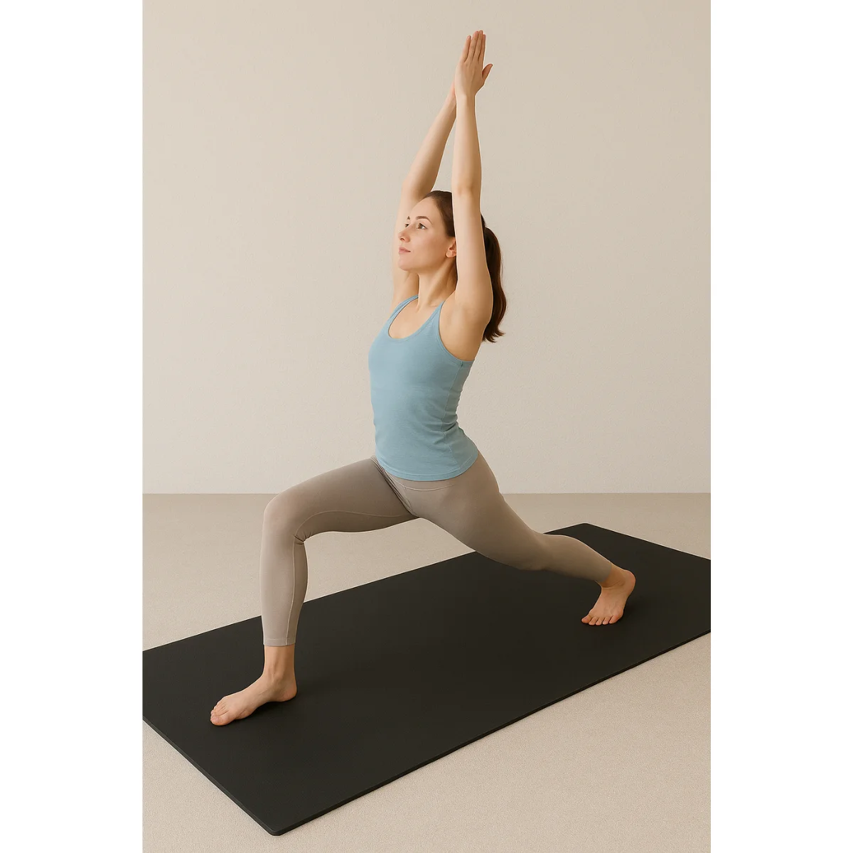 Vrouw in yoga pose, armen omhoog, op een zwarte mat. Beige legging en tanktop. Achtergrond is neutraal.