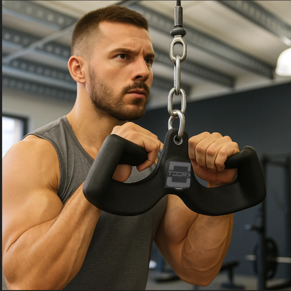 Man in gym, using black weight lifting grip. Focus on the grip and the man's face.