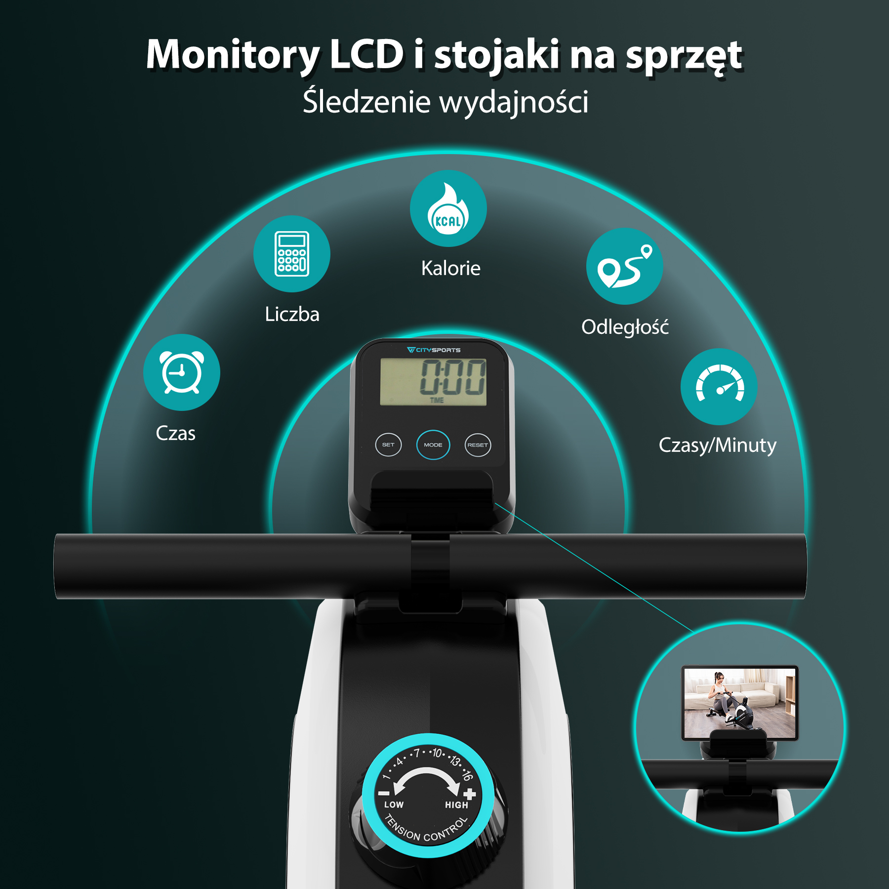 Wyświetlacz LCD maszyny do wiosłowania wyświetlający dane, z pokrętłem regulacji napięcia. Szczegóły obejmują timer i kalorie.