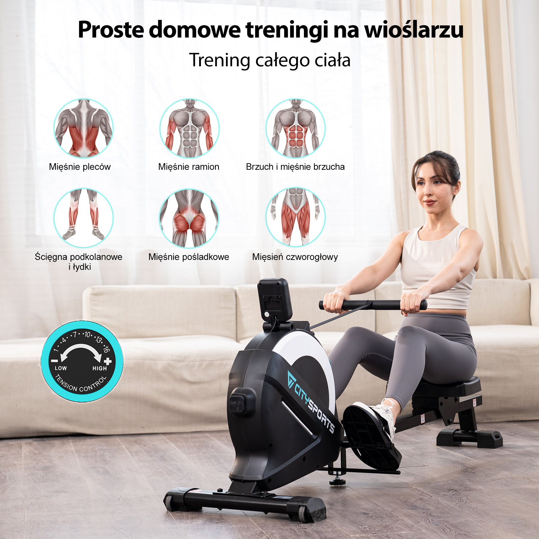 Kobieta wiosłuje na maszynie, z diagramami mięśni. Maszyna ma regulację napięcia i markę.