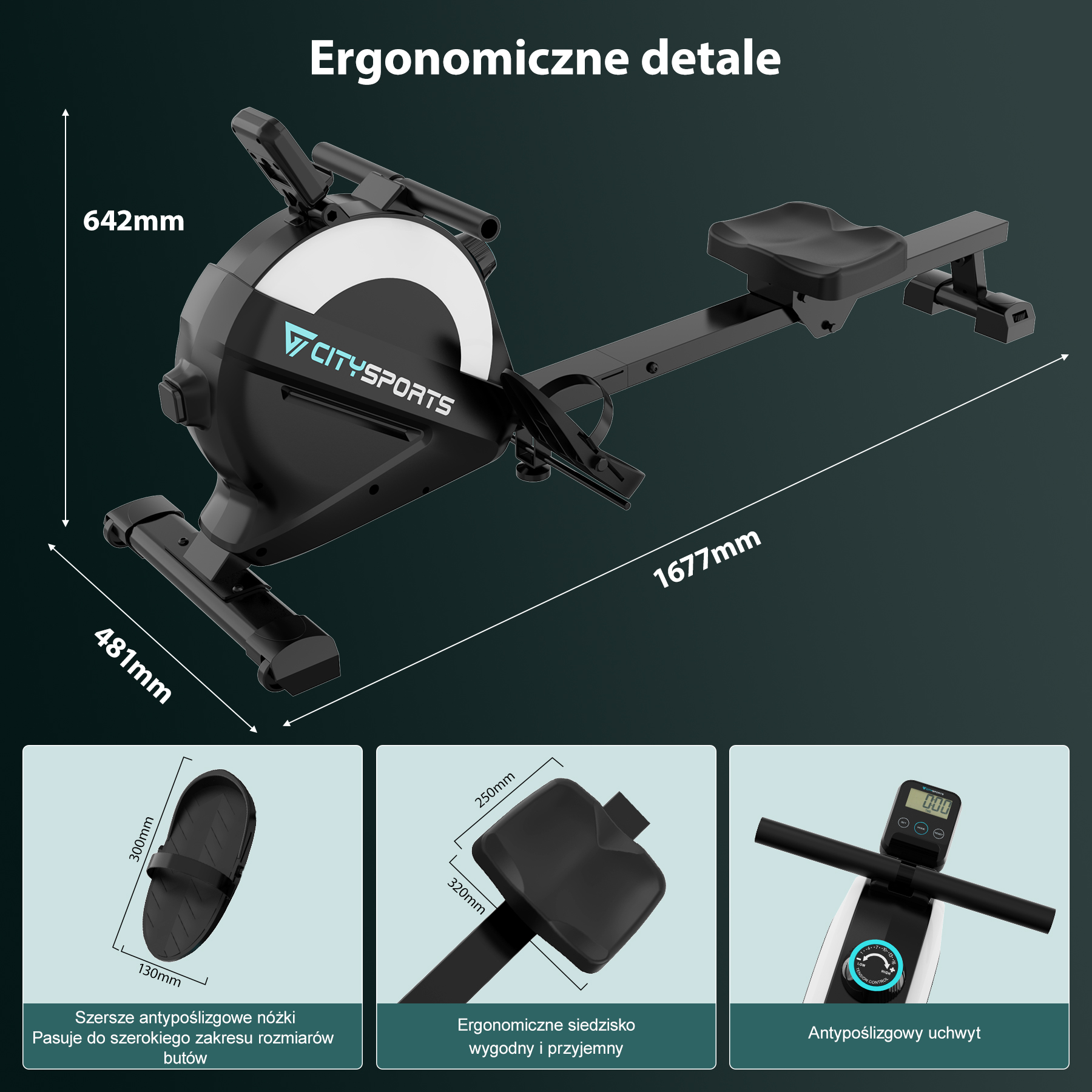 Czarna maszyna do wiosłowania z wymiarami. Szczegóły obejmują podpórki na stopy, siedzisko i uchwyt, wszystkie oznaczone.