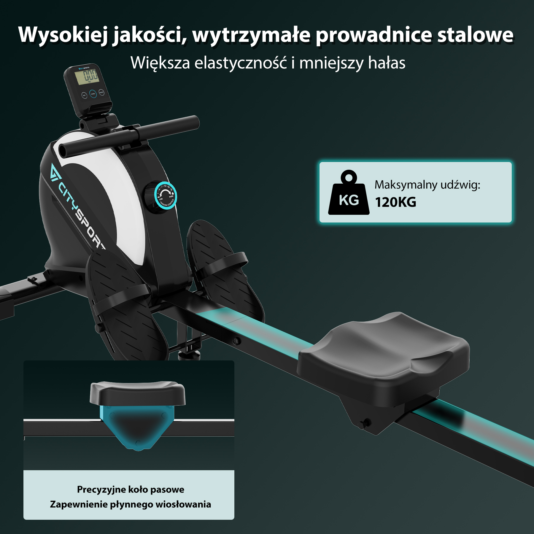 Szczegóły maszyny do wiosłowania, w tym koło zamachowe, siedzisko i udźwig 120 kg. Pokazano niebieskie akcenty.