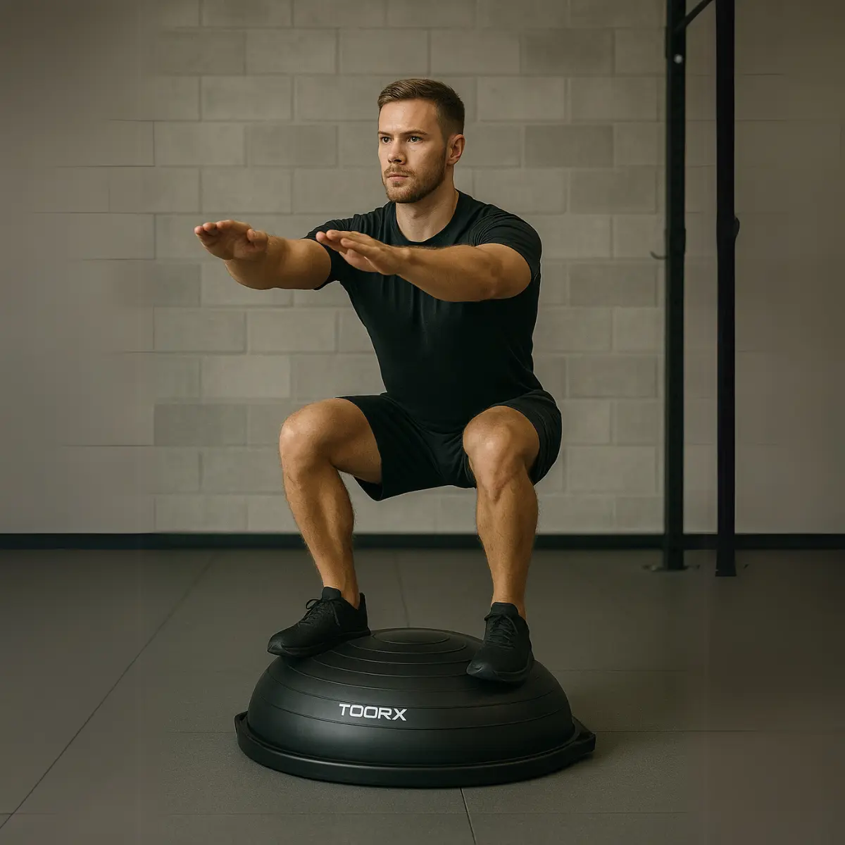 Mann in Schwarz hockt auf einem schwarzen BOSU-Ball. Fitnessstudio-Umgebung, Backsteinmauer und dunkler Boden.
