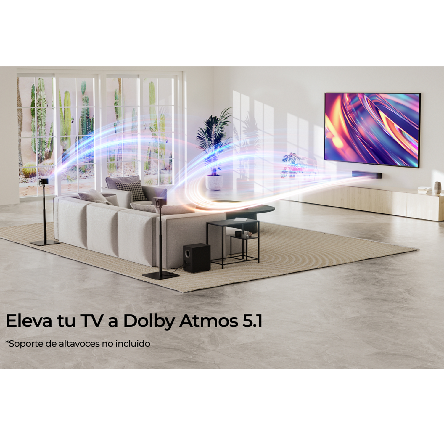 Configuración de sala de estar con sofá, TV y sistema de sonido. La escena presenta un televisor con soporte Dolby Atmos.