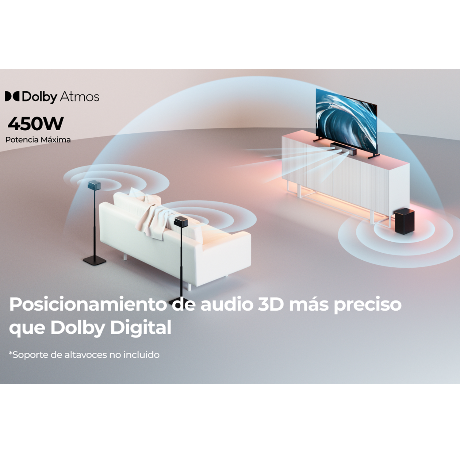 Un salón moderno con TV, sistema de sonido y sofá. Destaca el posicionamiento de audio 3D con Dolby Atmos.