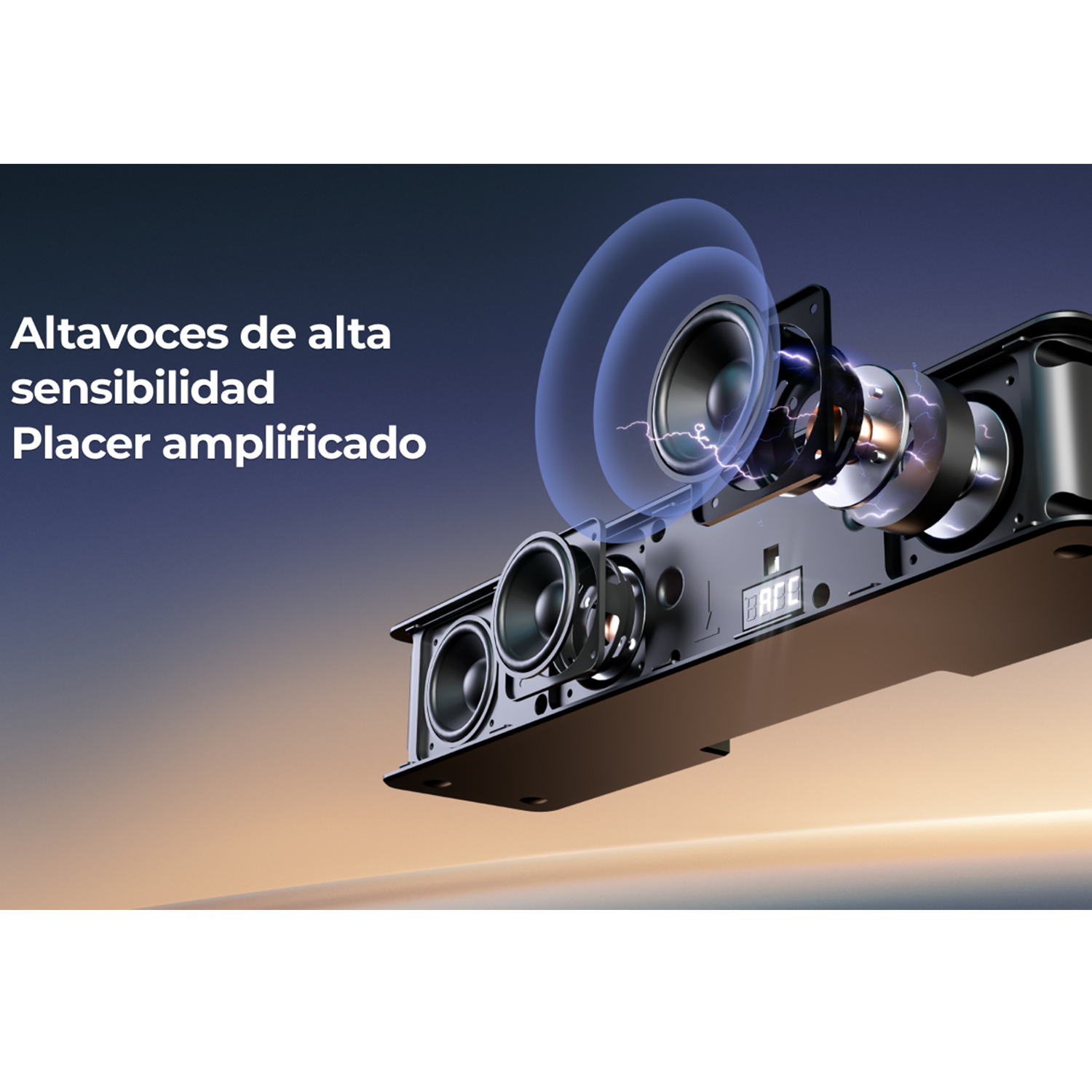 Primer plano de una barra de sonido con componentes internos visibles. El diseño enfatiza alta sensibilidad y sonido amplificado.