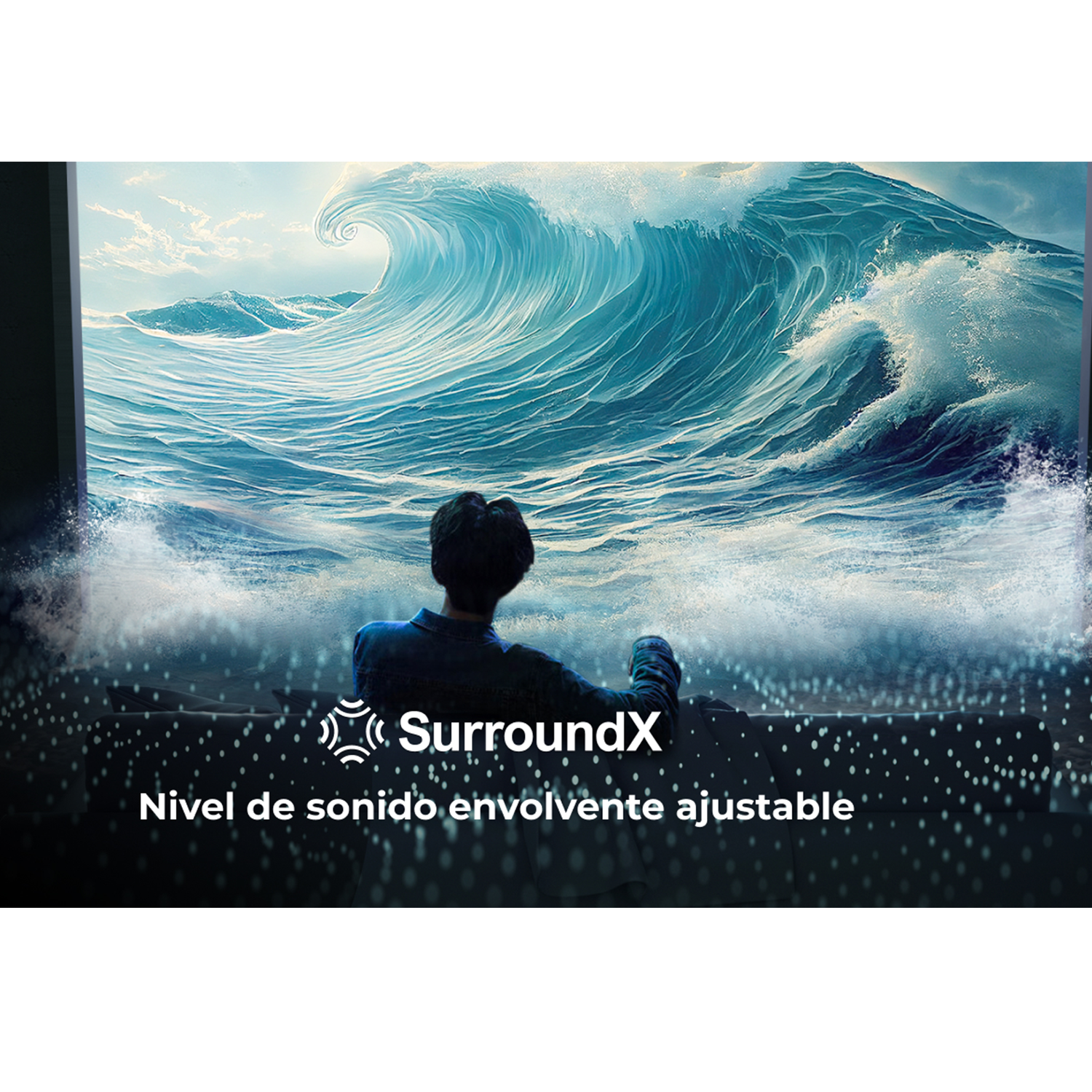 Una persona mirando una gran ola oceánica a través de una ventana. La escena es de una experiencia de sonido SurroundX.