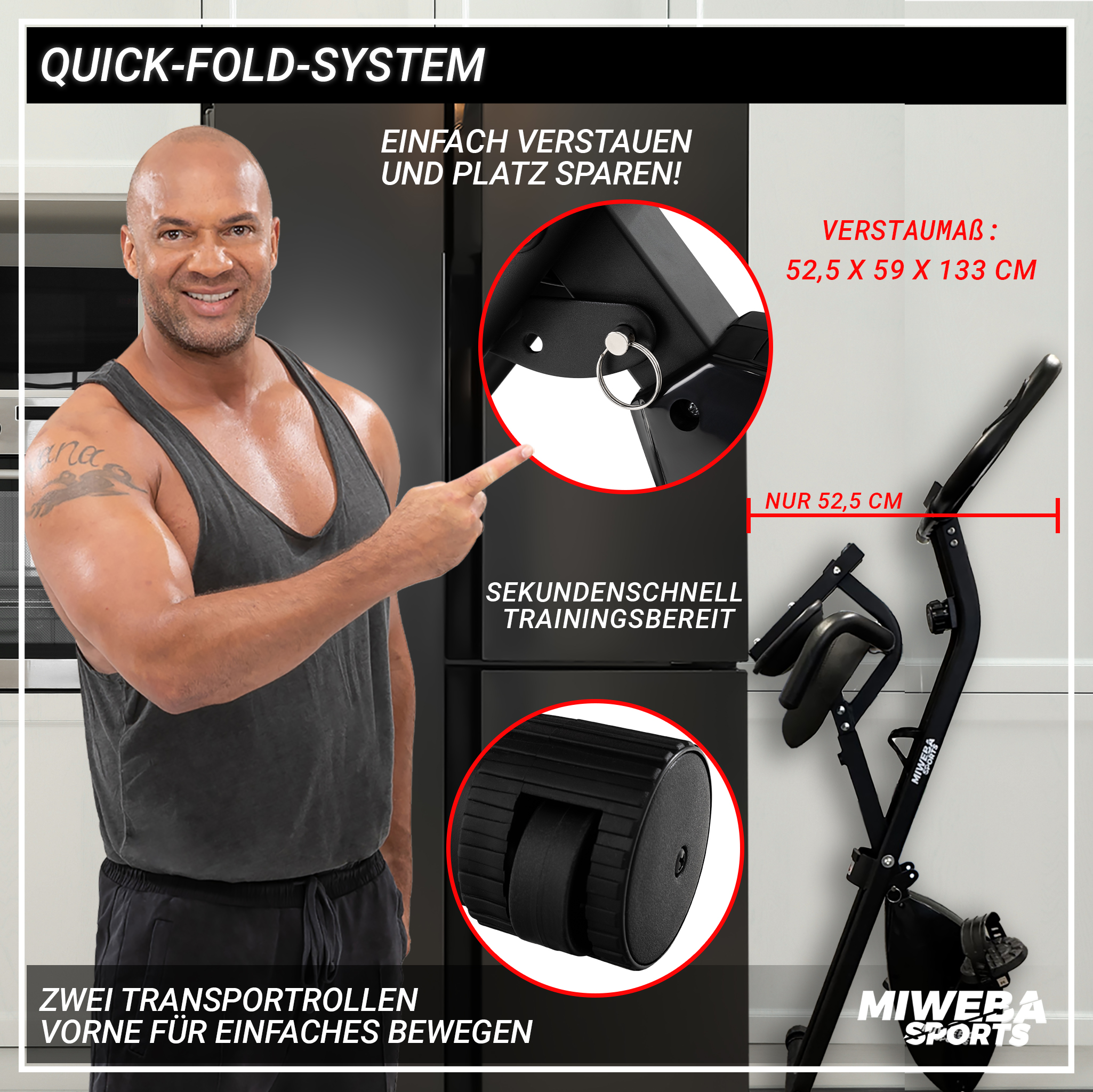 Mann zeigt auf eine zusammenklappbare Trainingsmaschine. Text zeigt Abmessungen und Transporträder.