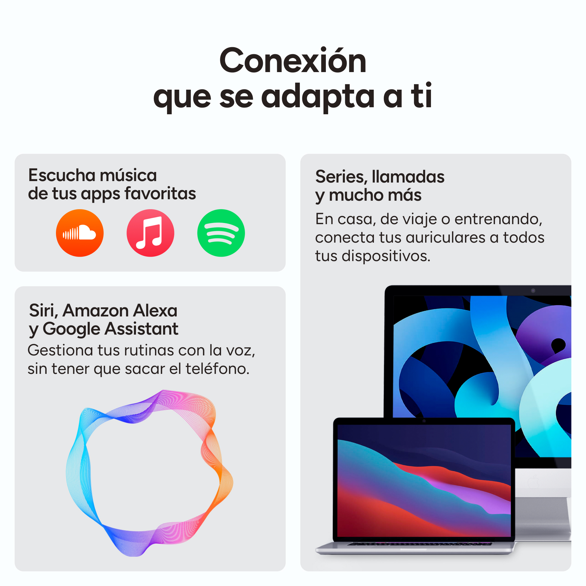 Kopfhörer und Laptops auf einem Schreibtisch. Symbole für Musik-Apps und Sprachassistenten werden angezeigt.