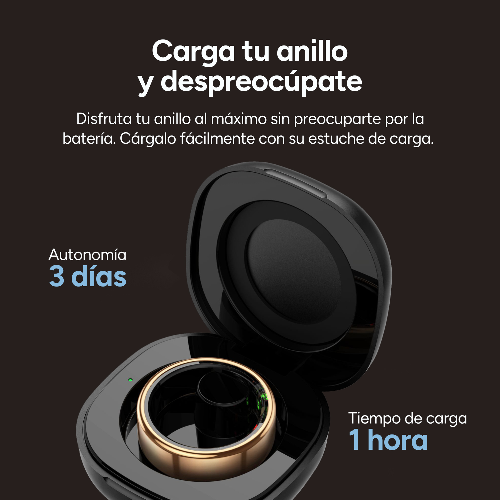 Un anello intelligente in una custodia di ricarica con testo che descrive la durata della batteria e il tempo di ricarica.