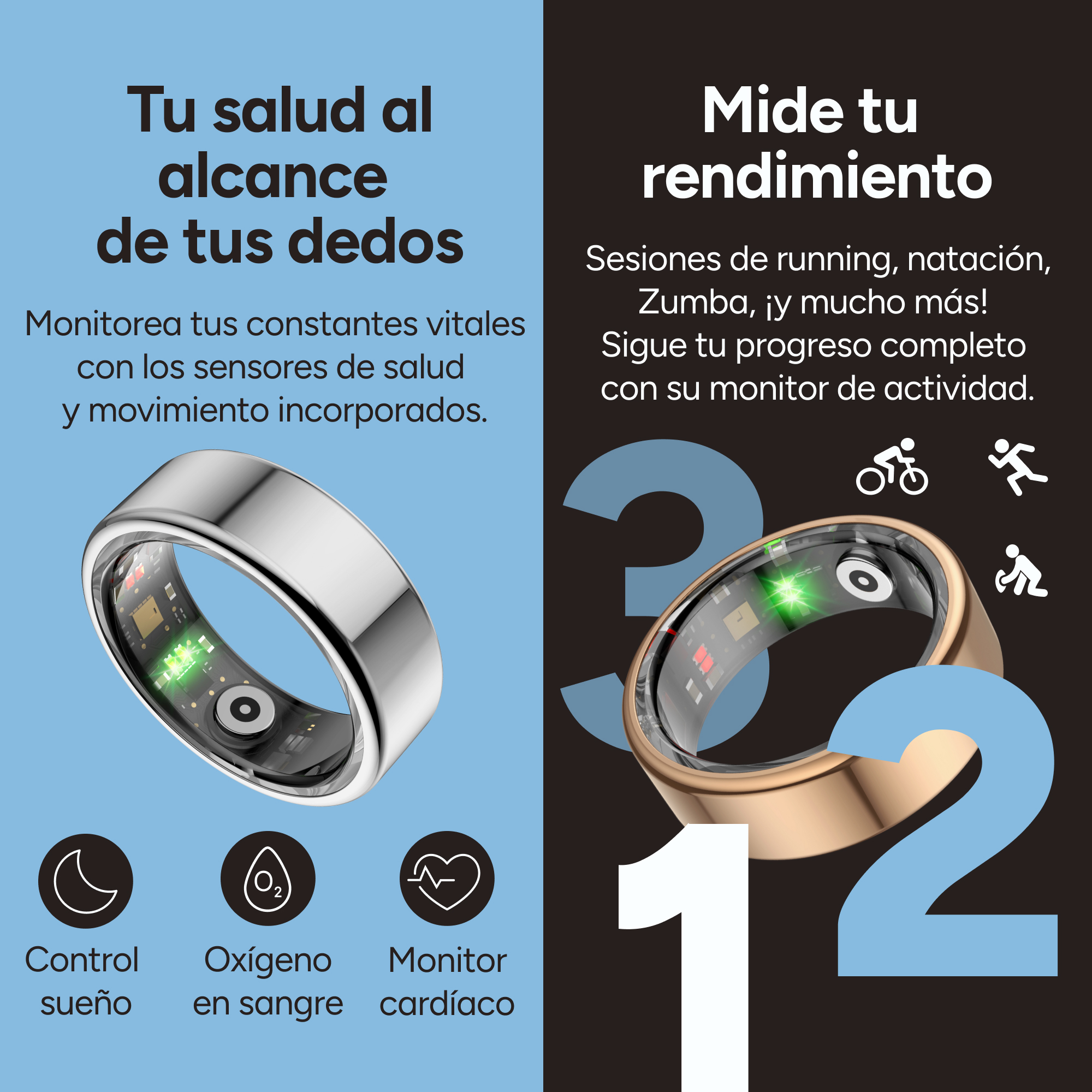 Anello intelligente e illustrazioni che mostrano il monitoraggio dei segni vitali come sonno, ossigeno nel sangue e frequenza cardiaca.