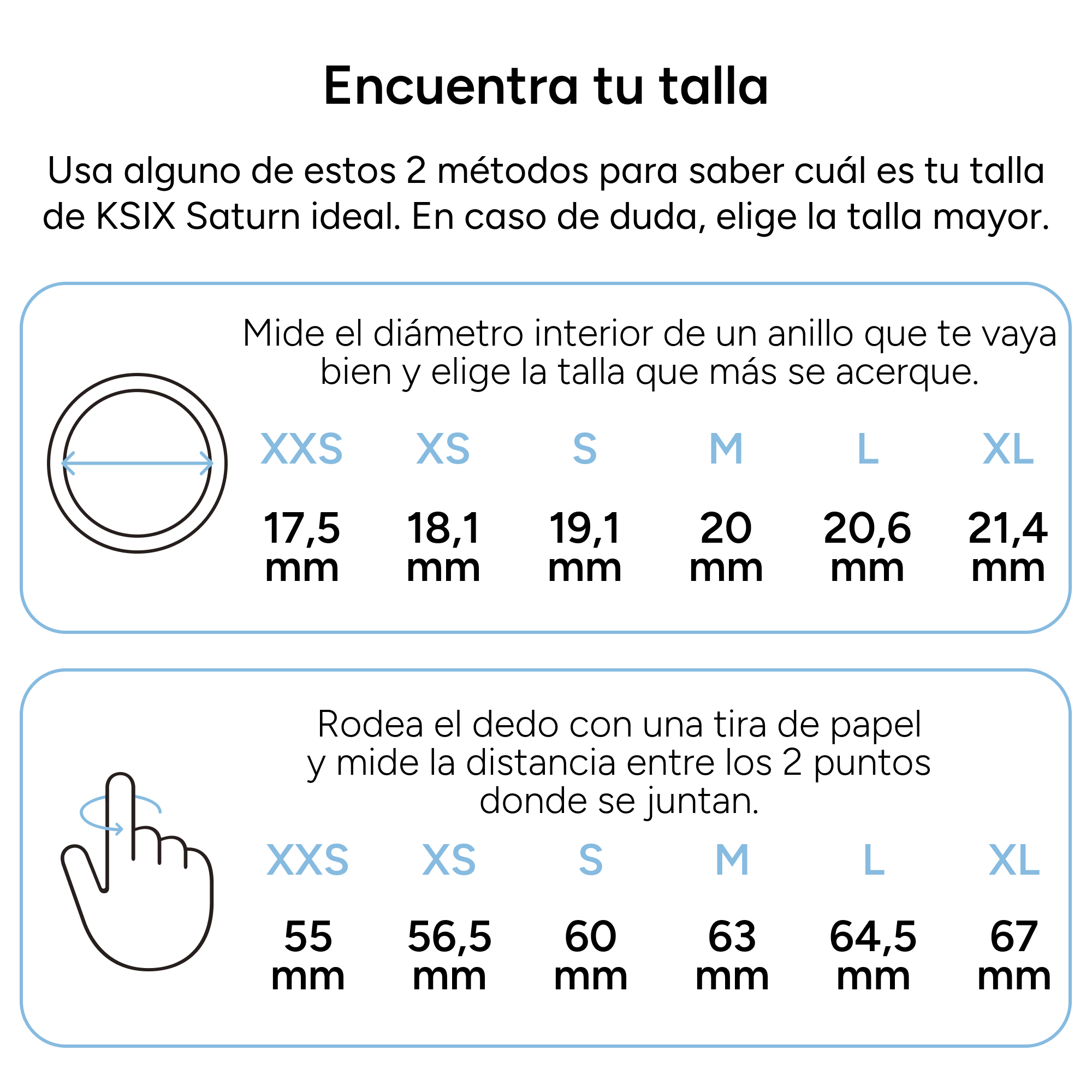 Tabella delle taglie con guida alle misure degli anelli in millimetri e guida alla circonferenza delle dita.