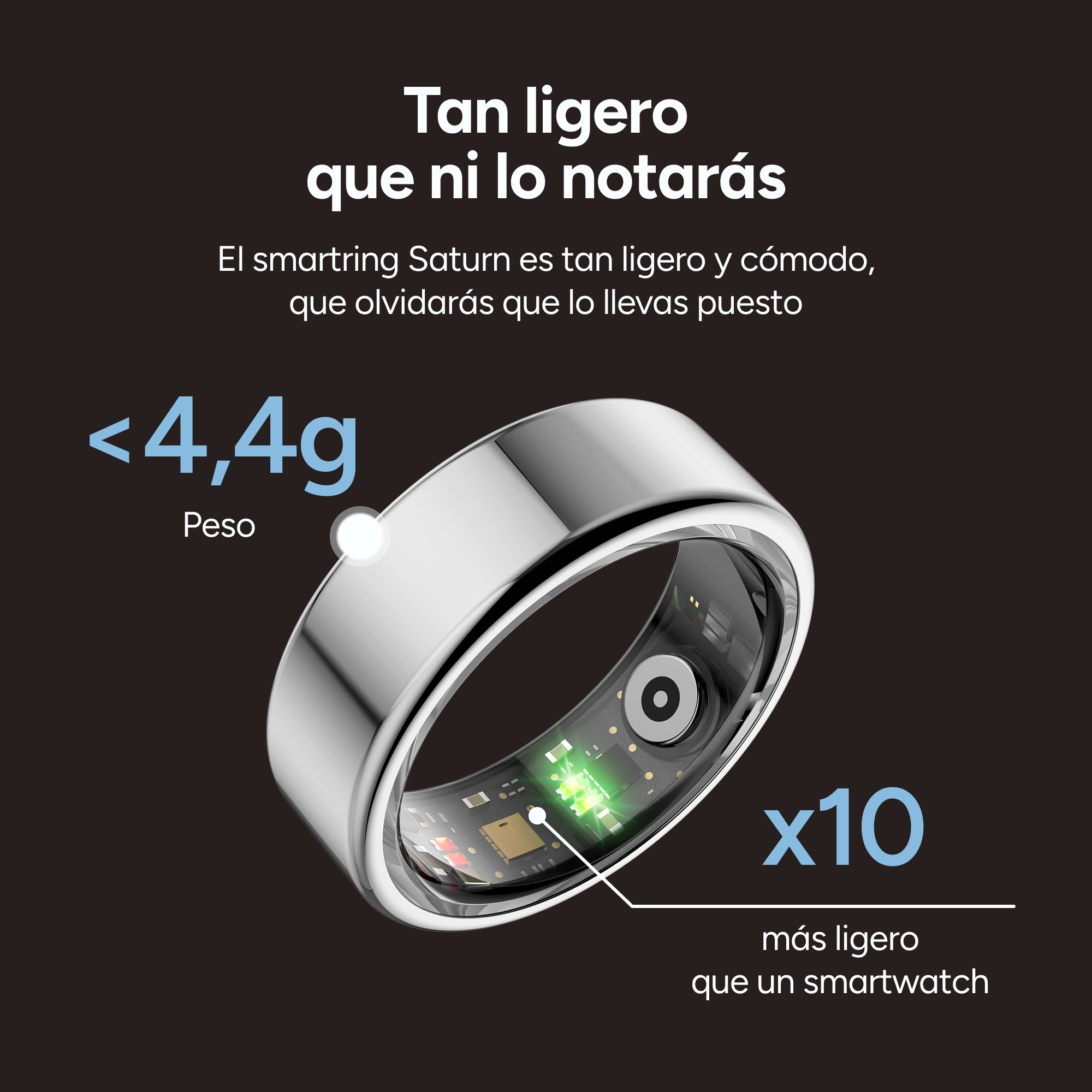 Un anillo plateado con interior negro sobre un fondo negro con texto.