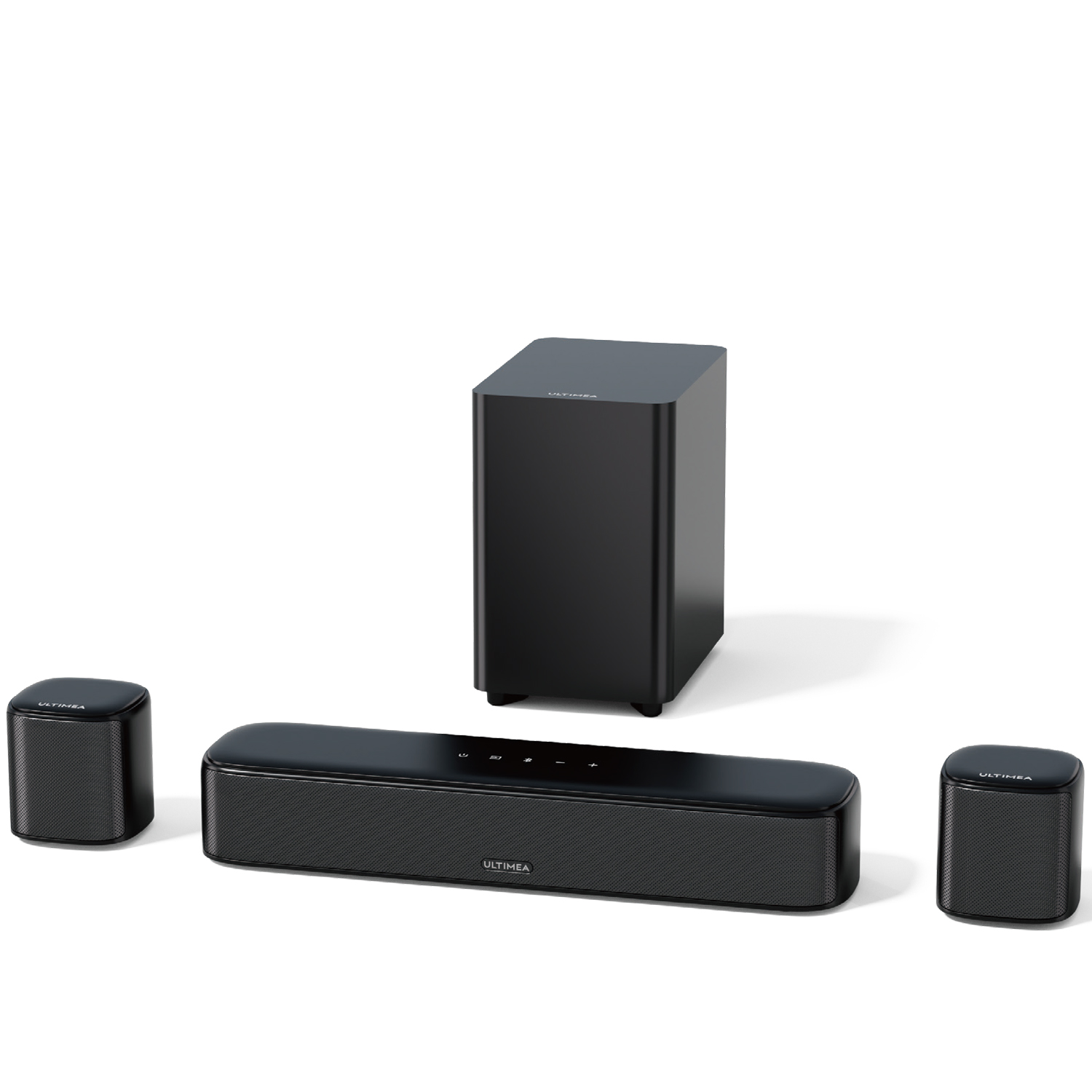 Schwarzes Ultimea-Soundsystem: Soundbar, Subwoofer und zwei Satellitenlautsprecher, auf weißem Hintergrund angeordnet.