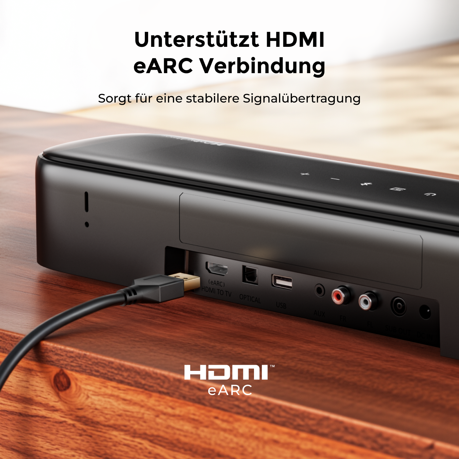 Primo piano delle porte della soundbar. Viene mostrata la connessione HDMI eARC. Testo: Supporta la connessione HDMI eARC.