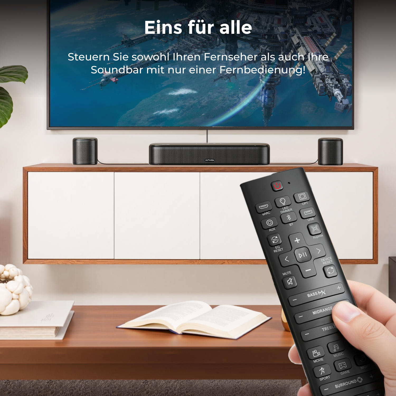 Hand hält Fernbedienung, zeigt auf TV und Soundbar. Text: Eins für alle.