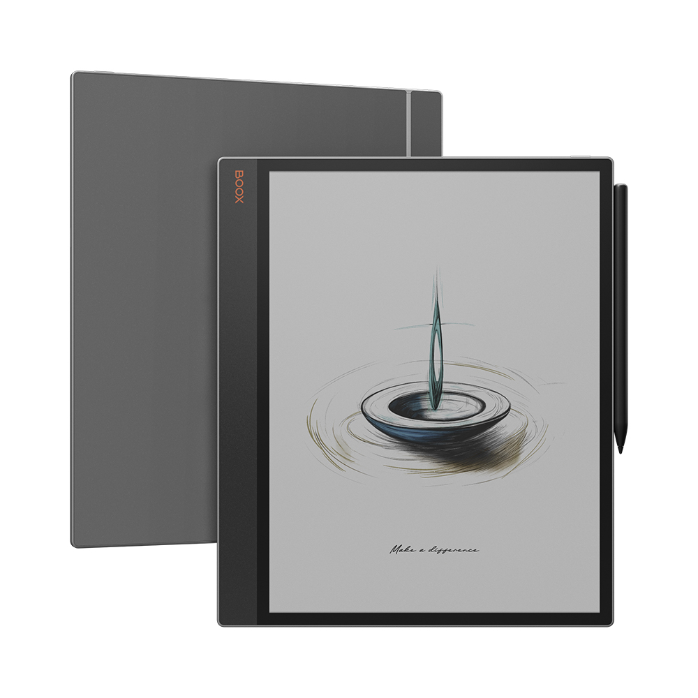 Czarny i szary tablet z rysunkiem i szarą obudową. BOOX z boku. Białe tło.
