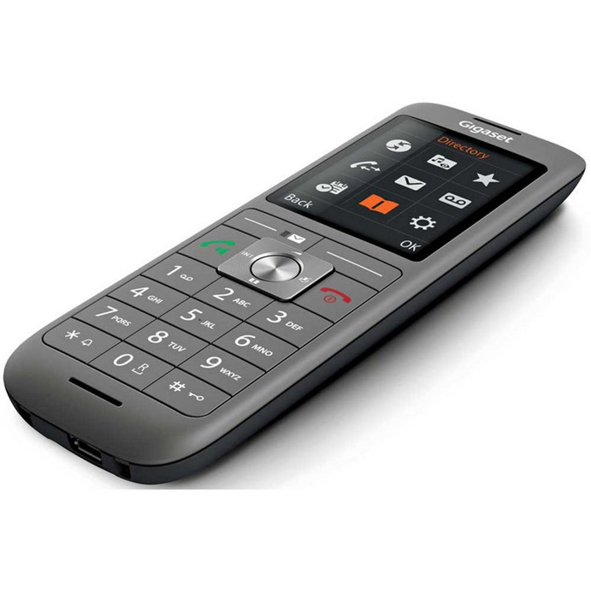 Nahaufnahme eines grauen Gigaset-Schnurlostelefons. Das Telefon hat einen Bildschirm, Tasten und eine Tastatur.