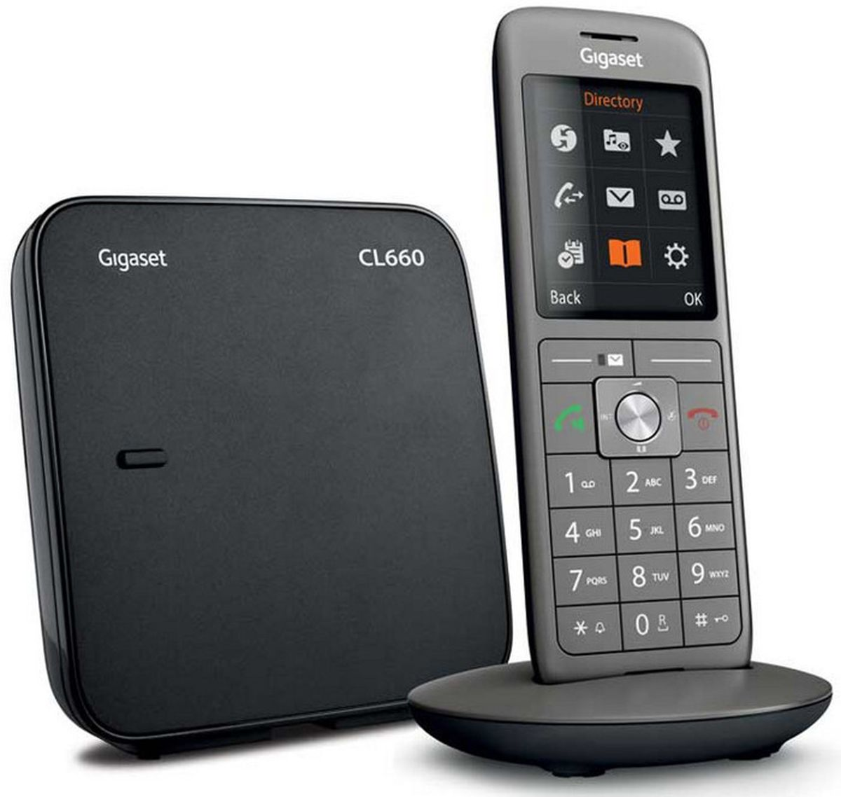 Ein Gigaset-Schnurlostelefon und eine Basisstation. Das Telefon hat einen Bildschirm und Tasten. Die Basis ist schwarz.