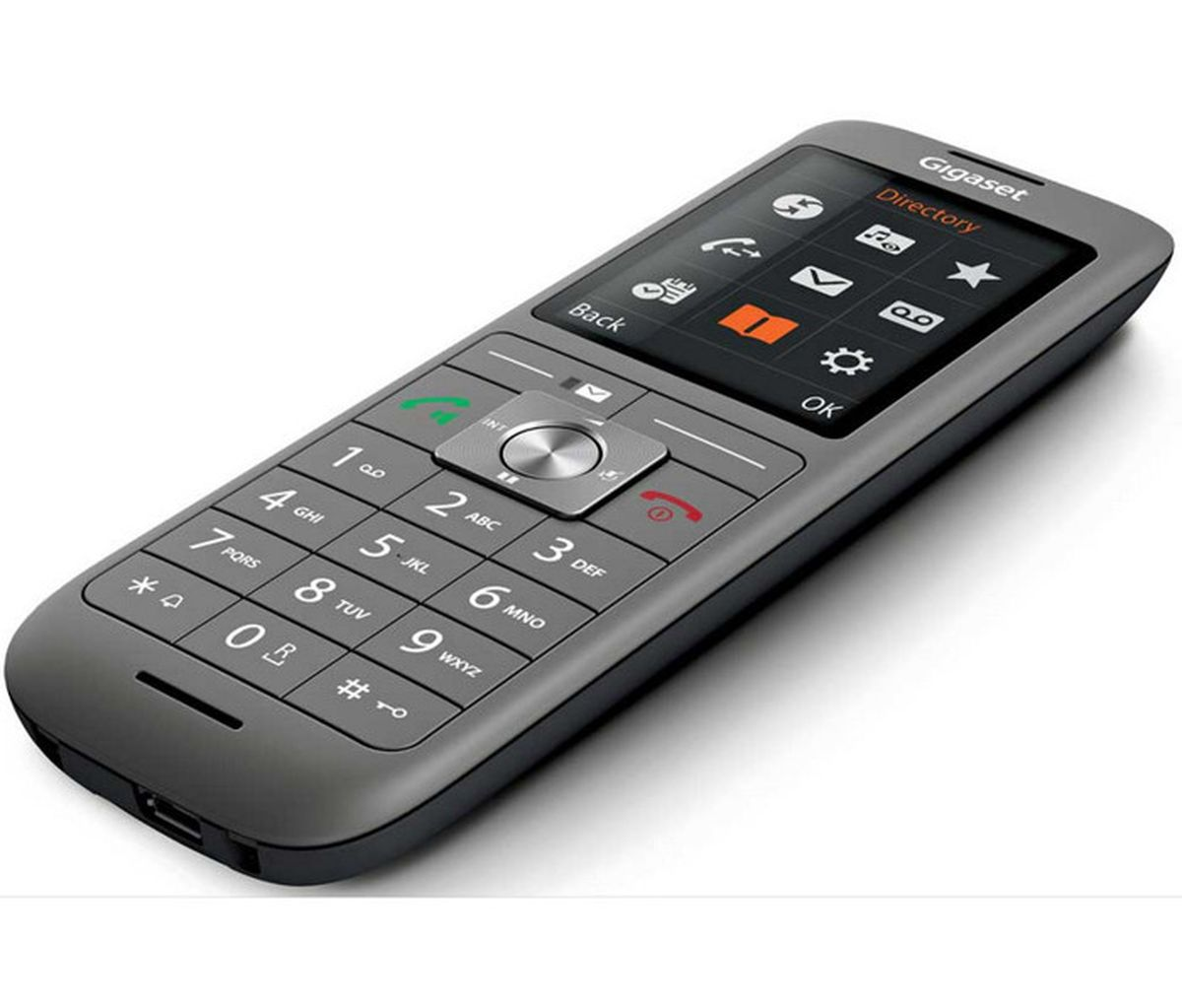 Nahaufnahme eines grauen Gigaset-Schnurlostelefons. Das Telefon hat einen Bildschirm, Tasten und eine Tastatur.