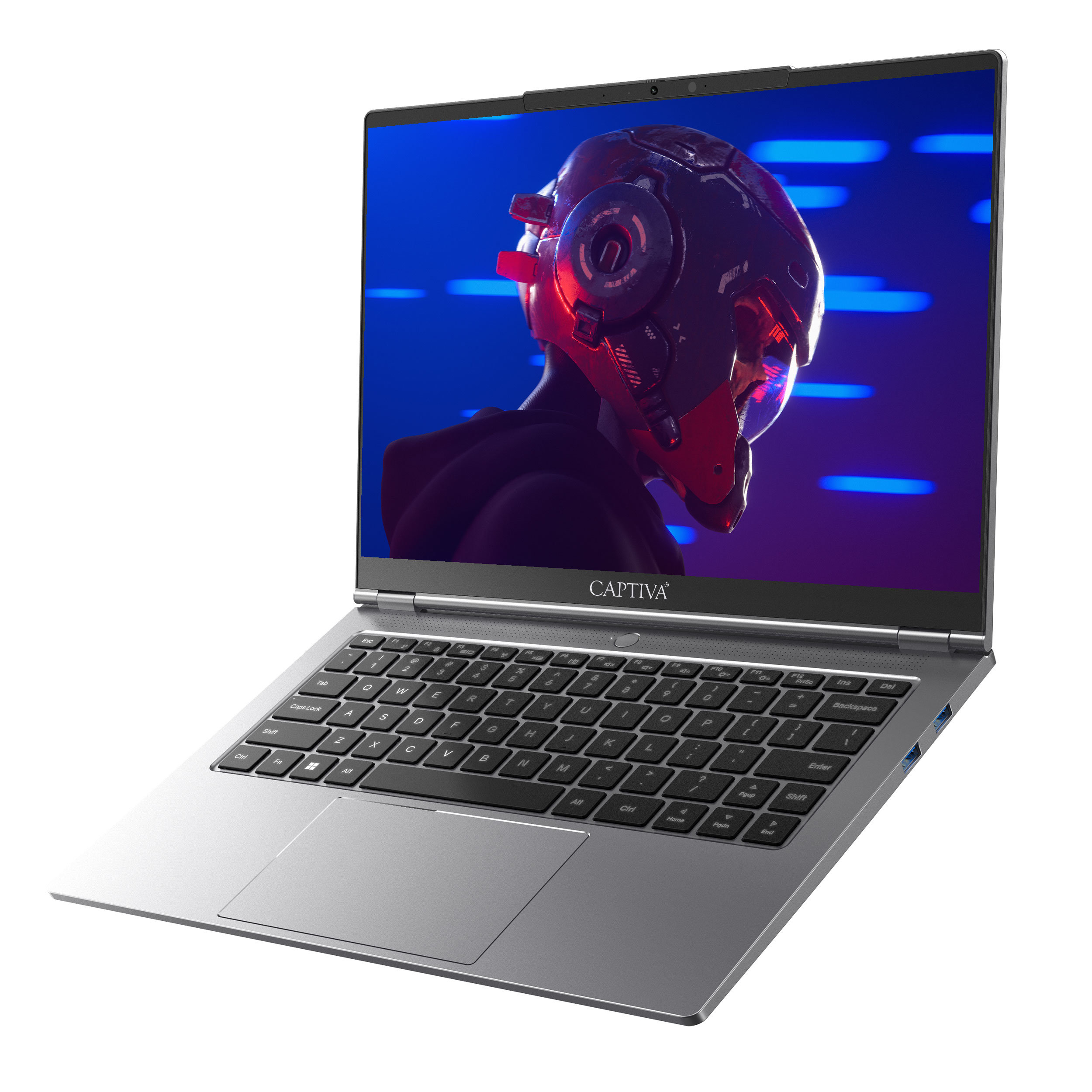 Ein silberner Laptop, geöffnet mit einem futuristischen Helm auf dem Bildschirm.