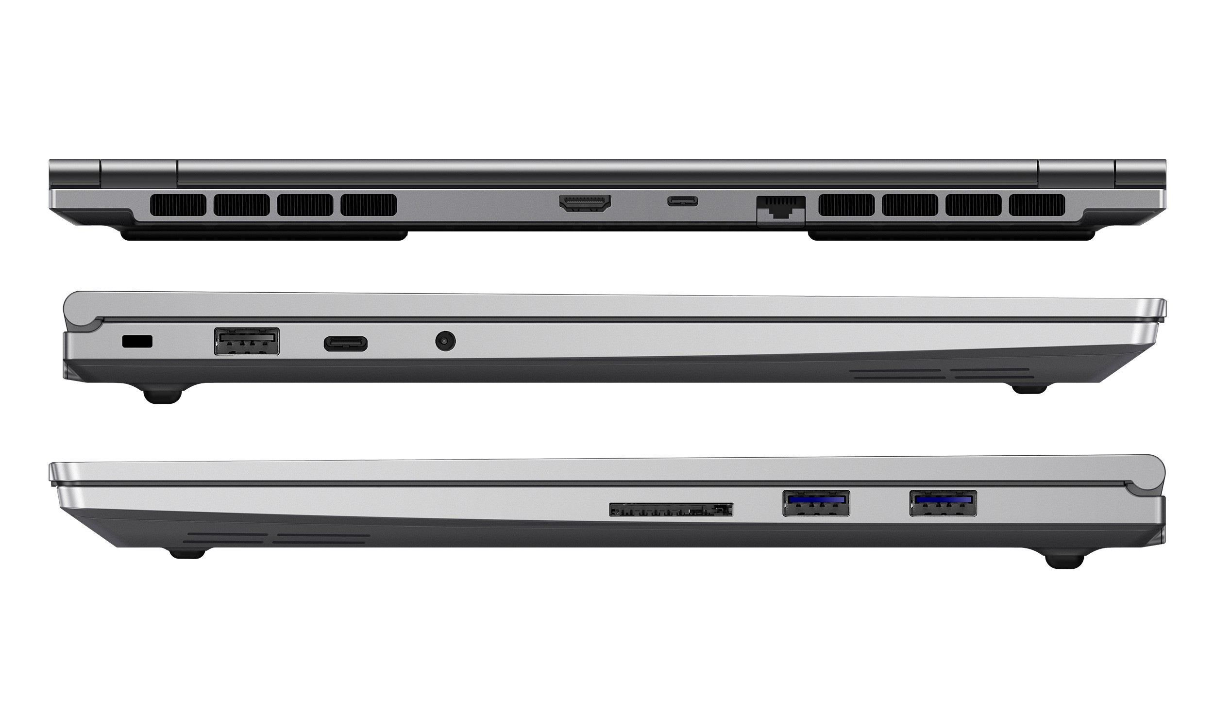 Drei Ansichten eines silbernen Laptops: Seite, oben und unten.
