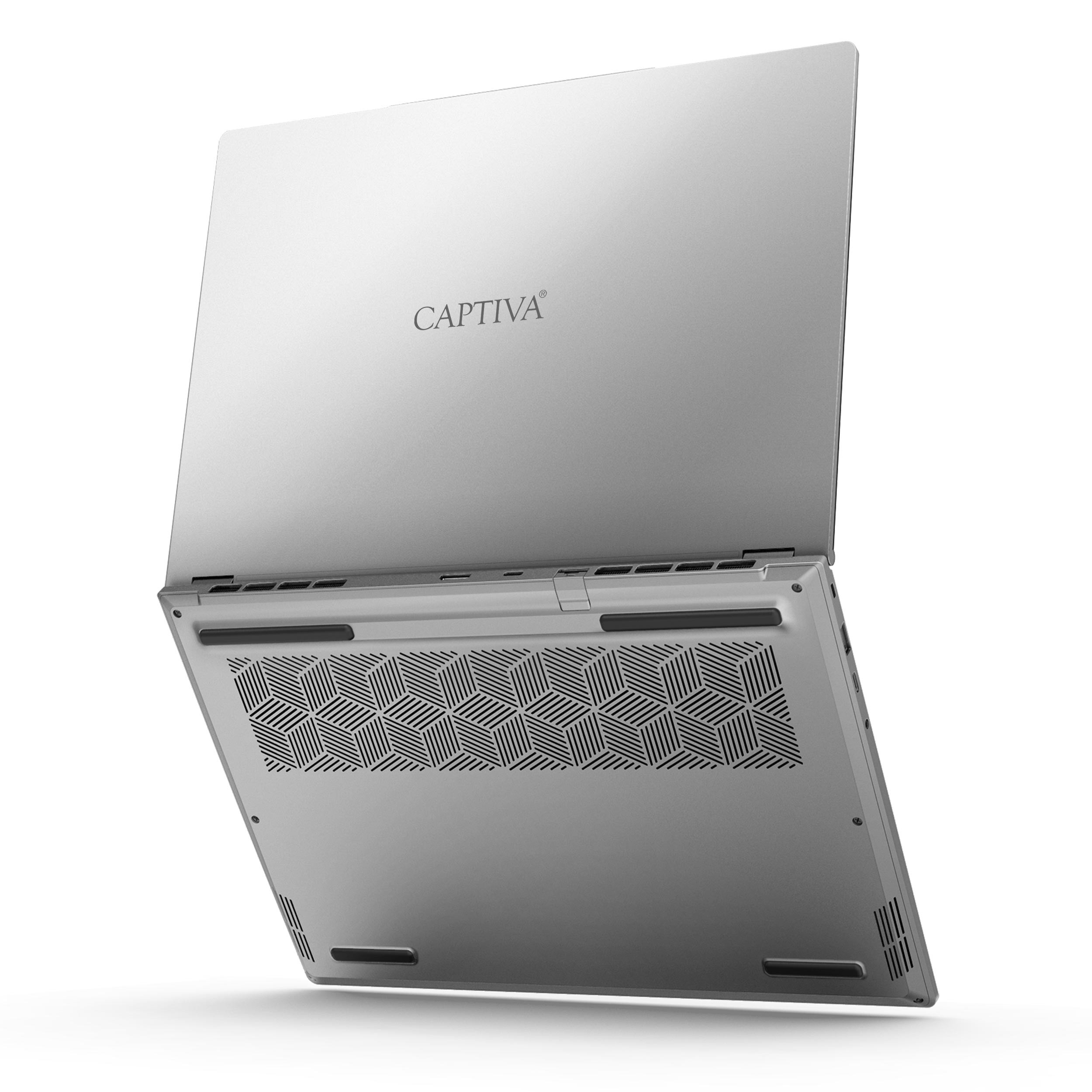 Die Unterseite eines silbernen Laptops mit dem CAPTIVA-Logo.