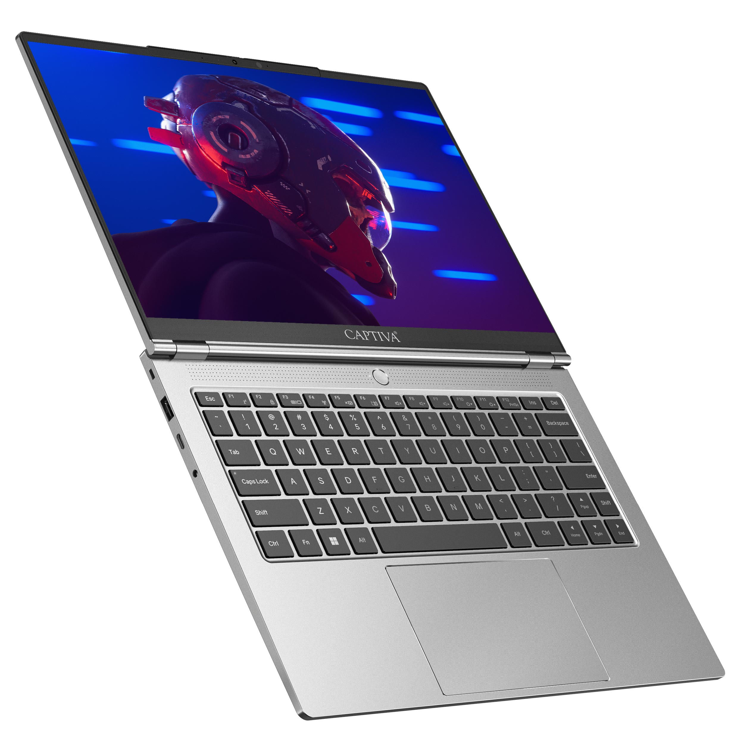 Ein silberner Laptop, geöffnet mit einem futuristischen Helm auf dem Bildschirm.