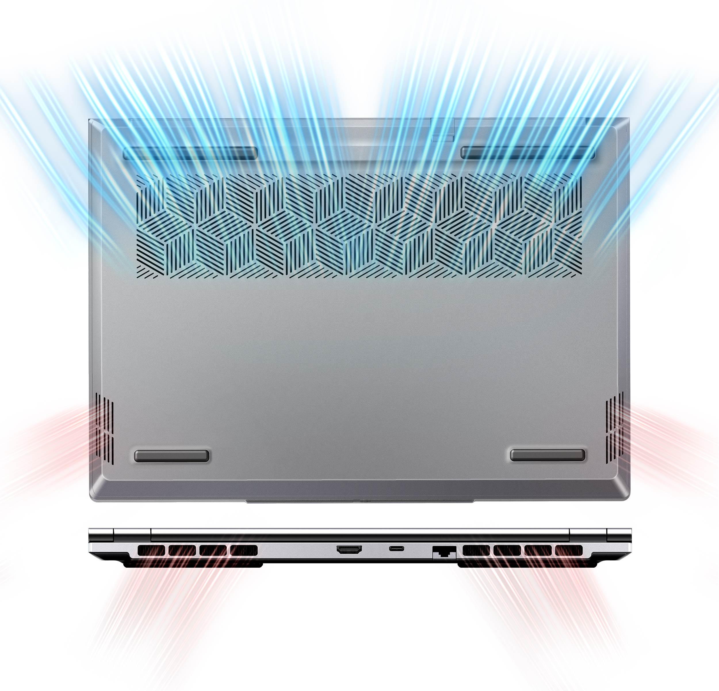 Unterseite eines Laptops mit Kühlerventilator-Grafik. Rote und blaue Lichteffekte.