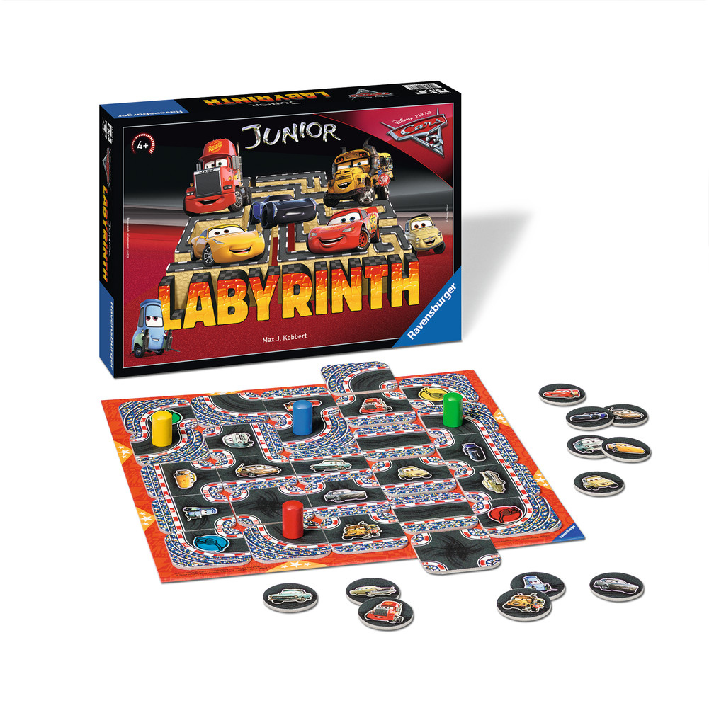 Disney Cars Labyrinth Spielbox und Spielbrett mit Spielsteinen.
