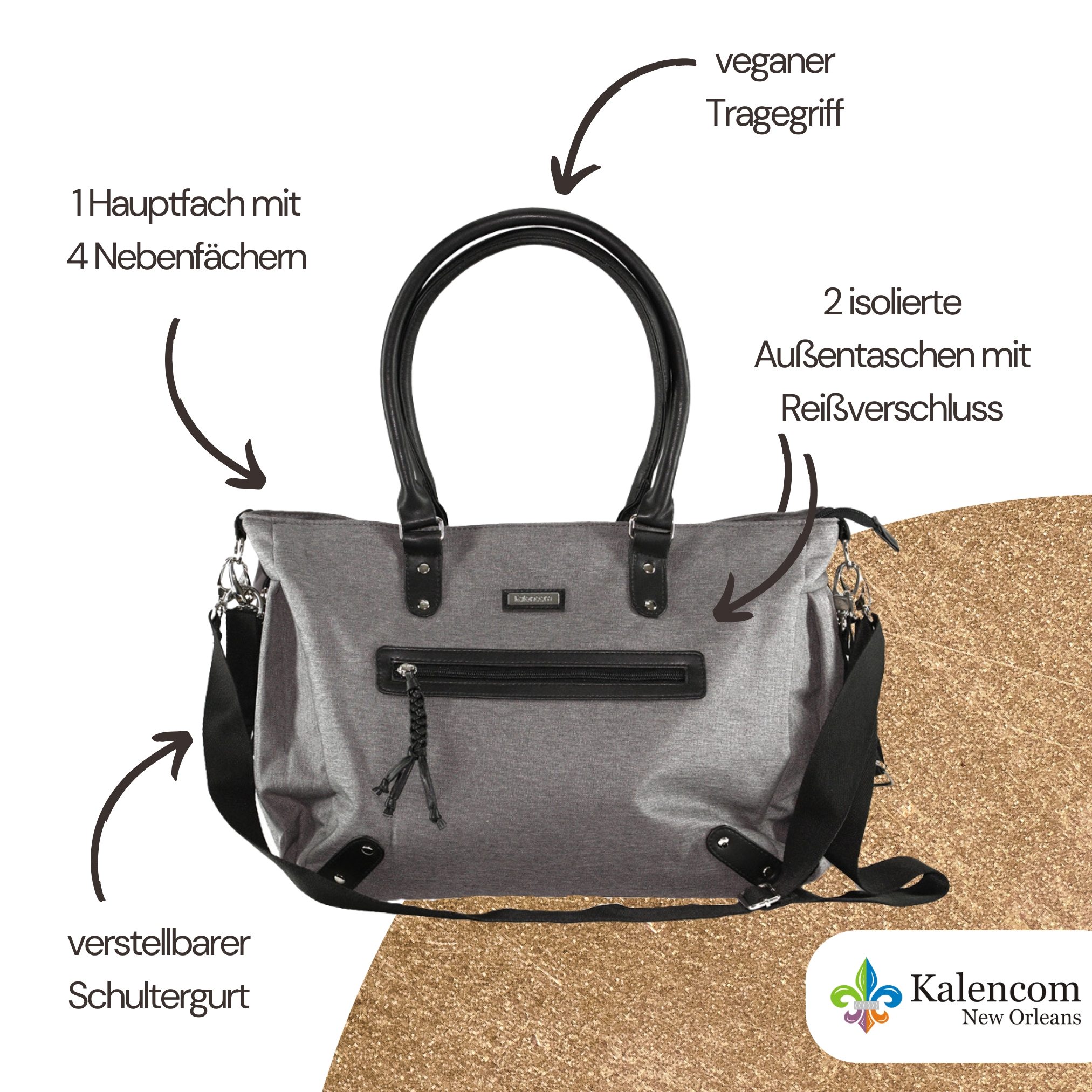 Eine graue Kalencom-Tasche mit schwarzen Griffen, Schulterriemen und Textanmerkungen.