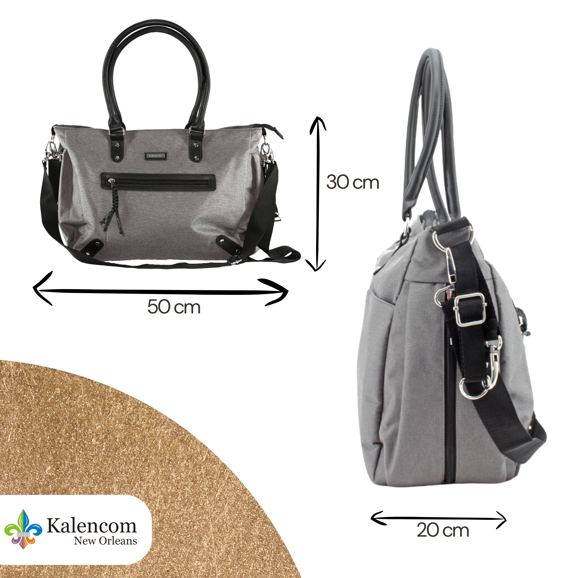 Eine graue Kalencom-Tasche mit Maßen: 50 cm breit, 30 cm hoch, 20 cm tief, mit schwarzen Griffen.