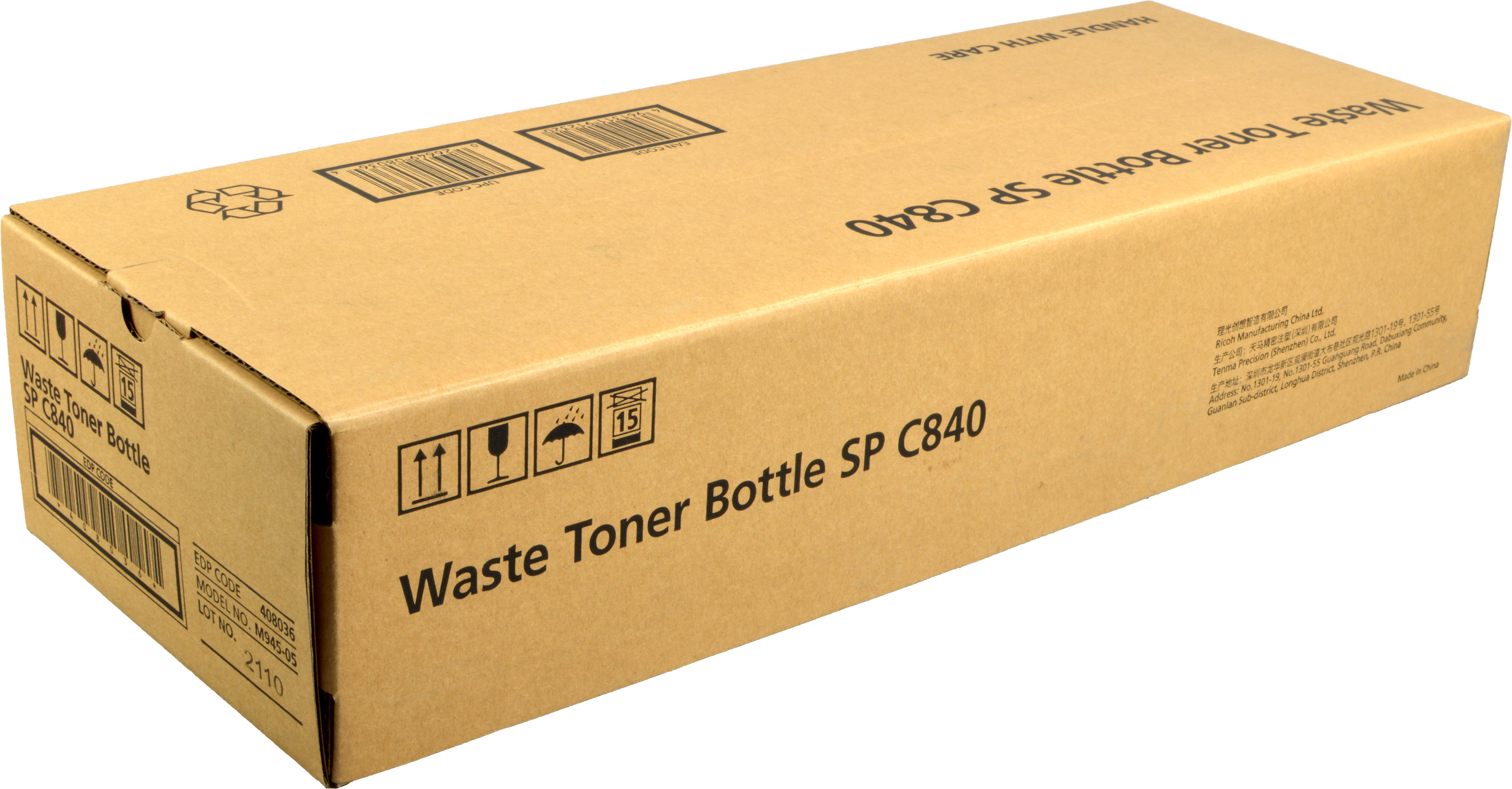 Kartonowe pudełko Waste Toner Bottle SP C840 z etykietami i tekstem, na białym tle.