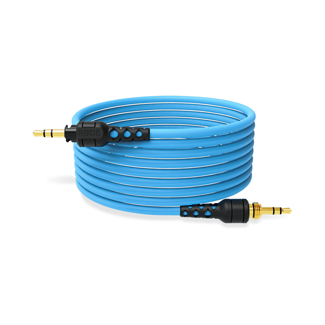Cavo audio blu con connettori neri e punte dorate, su sfondo bianco.