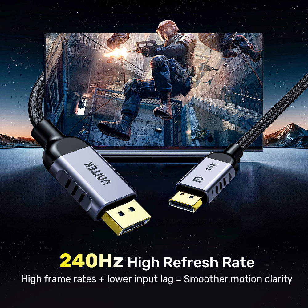 Dwa kable DisplayPort podłączone do monitora wyświetlającego scenę z gry wideo.