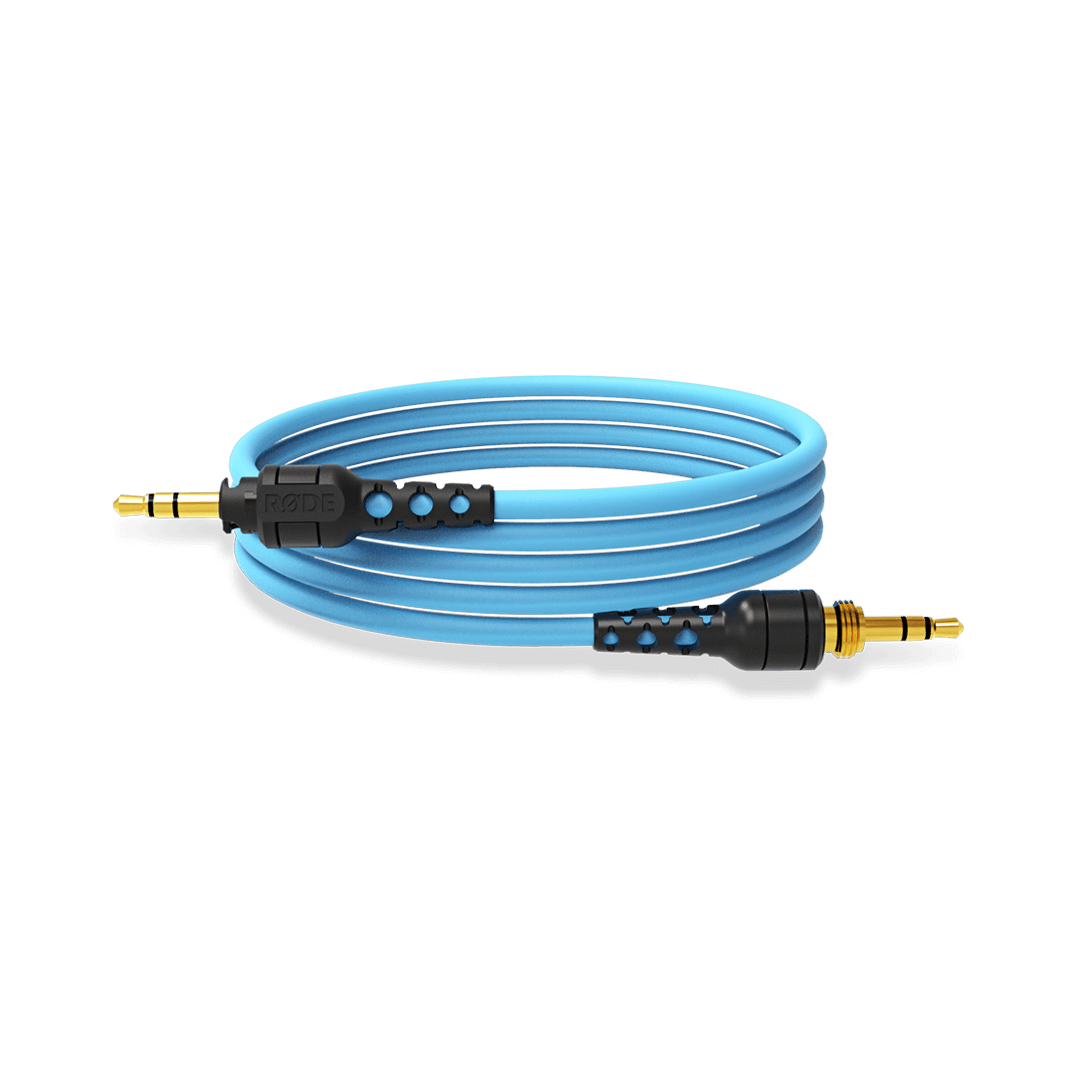 Un cavo audio blu arrotolato con connettori neri e punte dorate, su sfondo bianco.