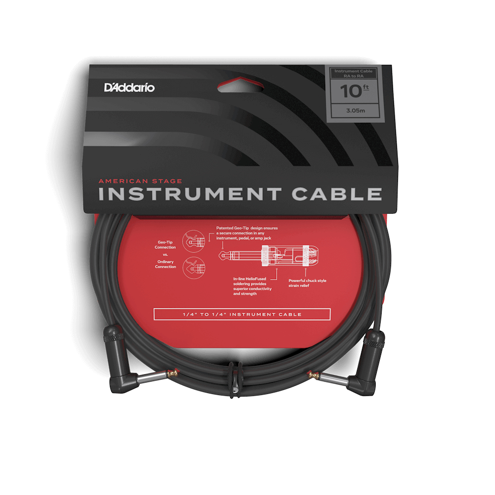 Czarne opakowanie kabla instrumentalnego D'Addario, czarny kabel z kątowymi wtykami.