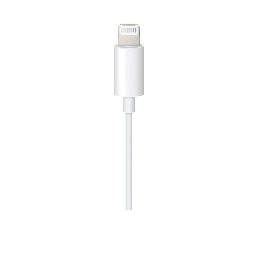 Weißes Lightning-zu-USB-Kabel. Der Lightning-Anschluss ist oben. Weißer Hintergrund.