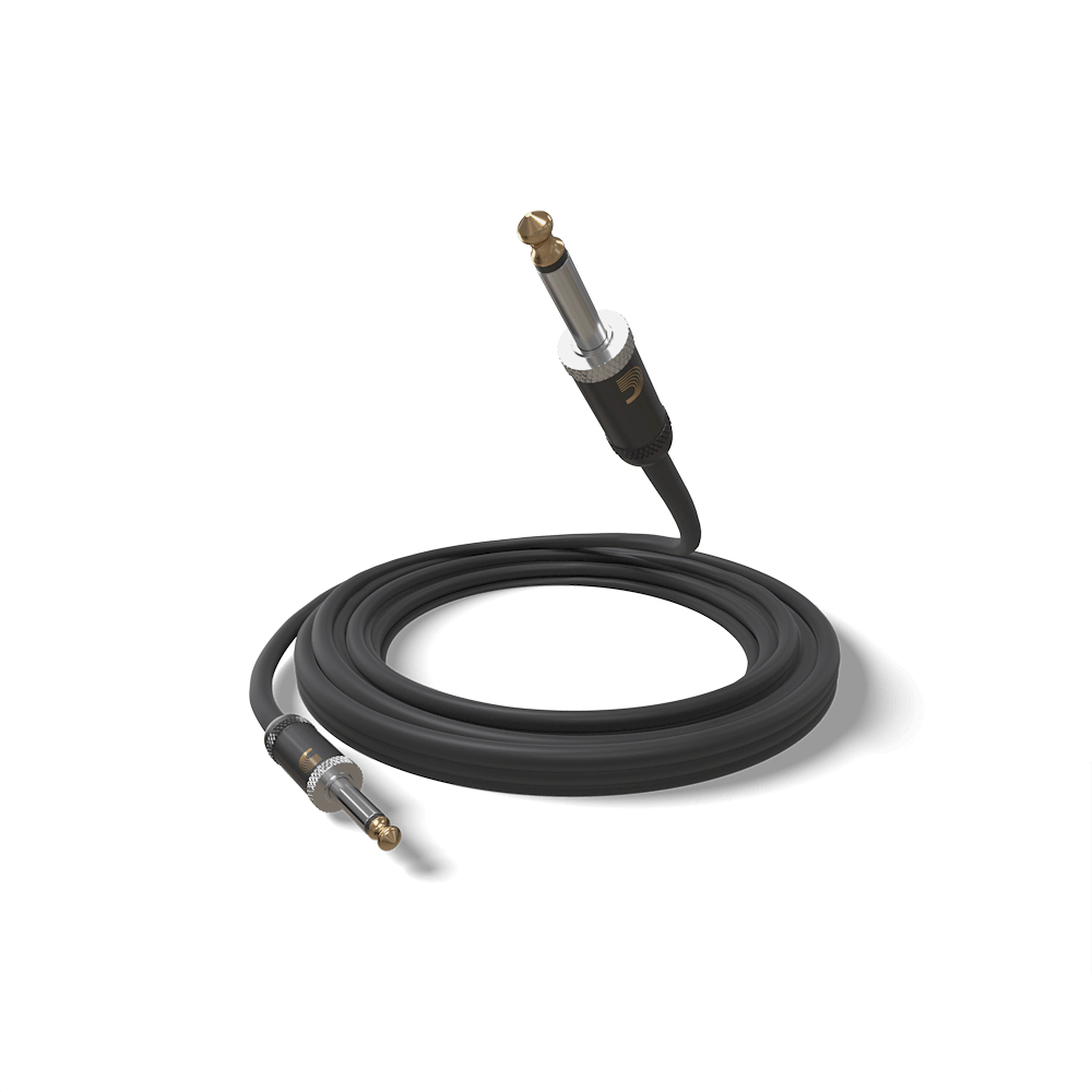 Cavo audio nero con connettori dorati, arrotolato su una superficie bianca.
