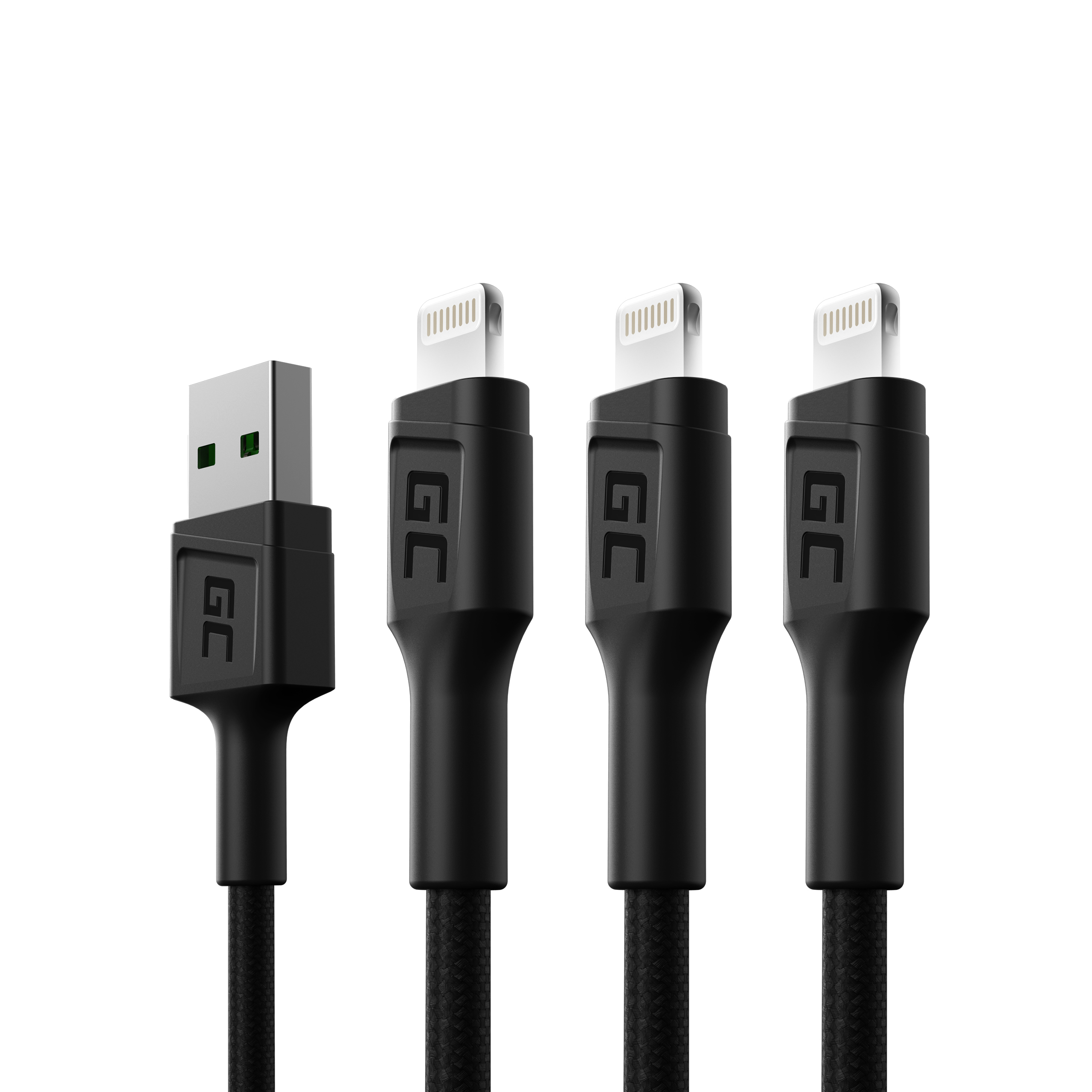 Quattro cavi di ricarica neri con connettori Lightning e USB bianchi su sfondo bianco.
