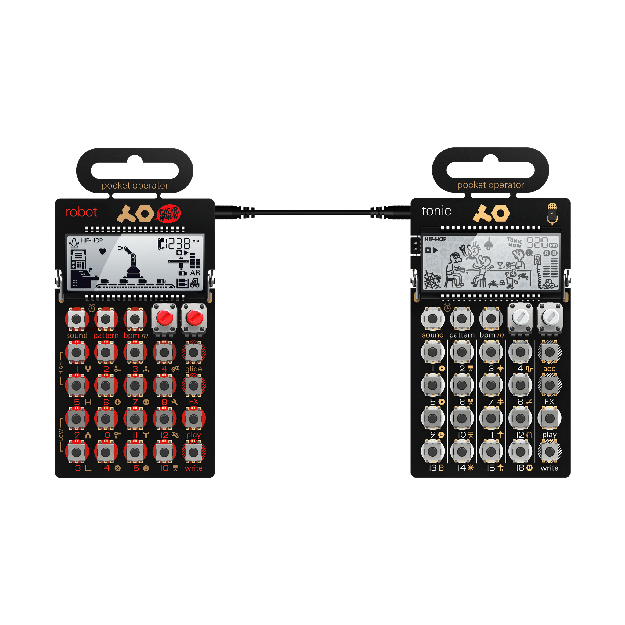 Due dispositivi Pocket Operator neri con schermi, pulsanti ed etichette su sfondo bianco.