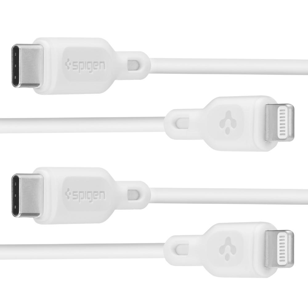 Dwa białe kable, USB-C i Lightning, marki Spigen, na białym tle.