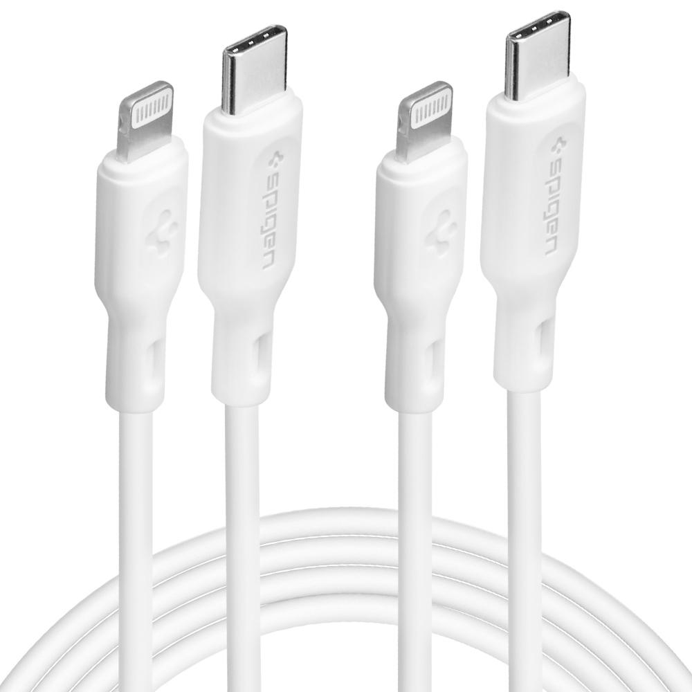 Cztery białe kable, USB-C i Lightning, marki Spigen, na białym tle.