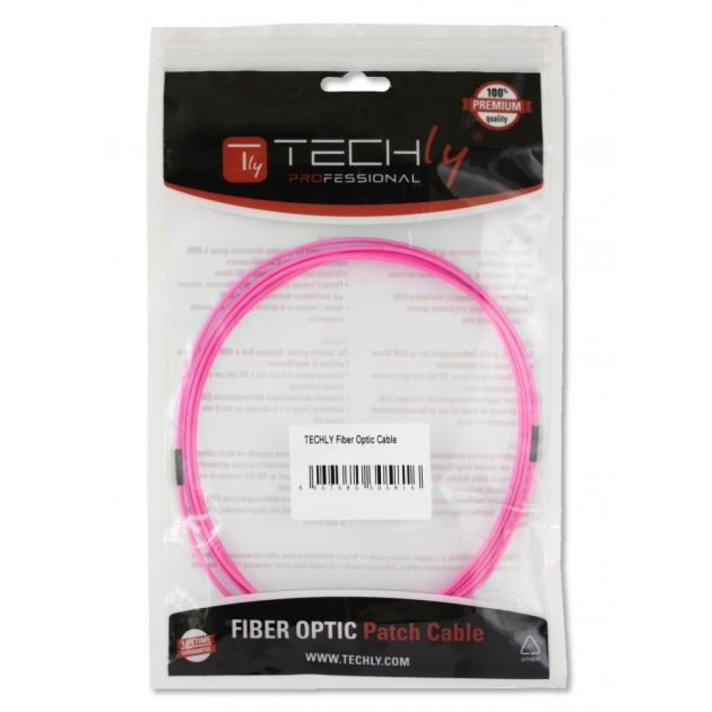 Cavo in fibra ottica rosa in una confezione di plastica trasparente. Etichetta con testo e codice a barre.